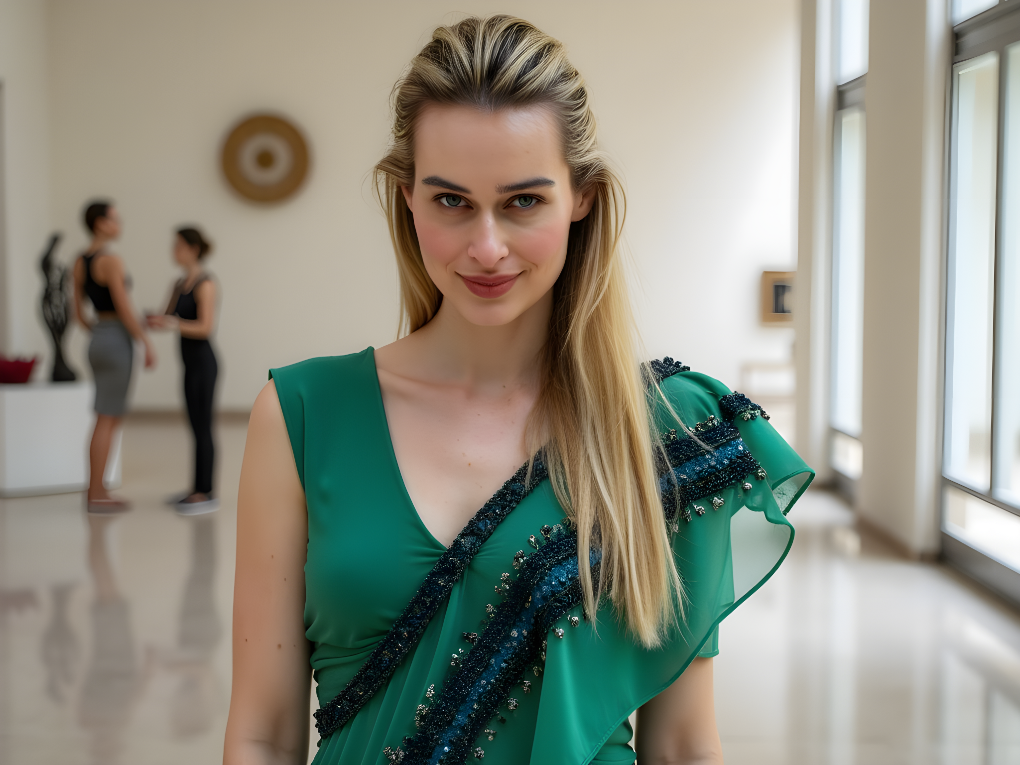 A striking portrait of a 28-year-old female artist, standing confidently in the Sharjah Art Museum. She wears an avant-garde ensemble crafted from hand-embroidered chiffon georgette, layered in brilliant emerald and deep navy hues that echo the museum's architectural curves. The dress features asymmetrical cuts and draped sections that move with her, creating an organic flow reminiscent of modern sculptures. Her gaze is captivatingly intense, eyes reflecting a sense of creative passion. The ambient light filters through the museum's large windows, casting dramatic shadows and highlighting the intricate details of her outfit, while the contemporary art pieces in the background enhance the narrative of artistic expression and cultural richness. The composition embraces both the subject's individuality and the inspiring environment, converging fashion with the realms of fine art.