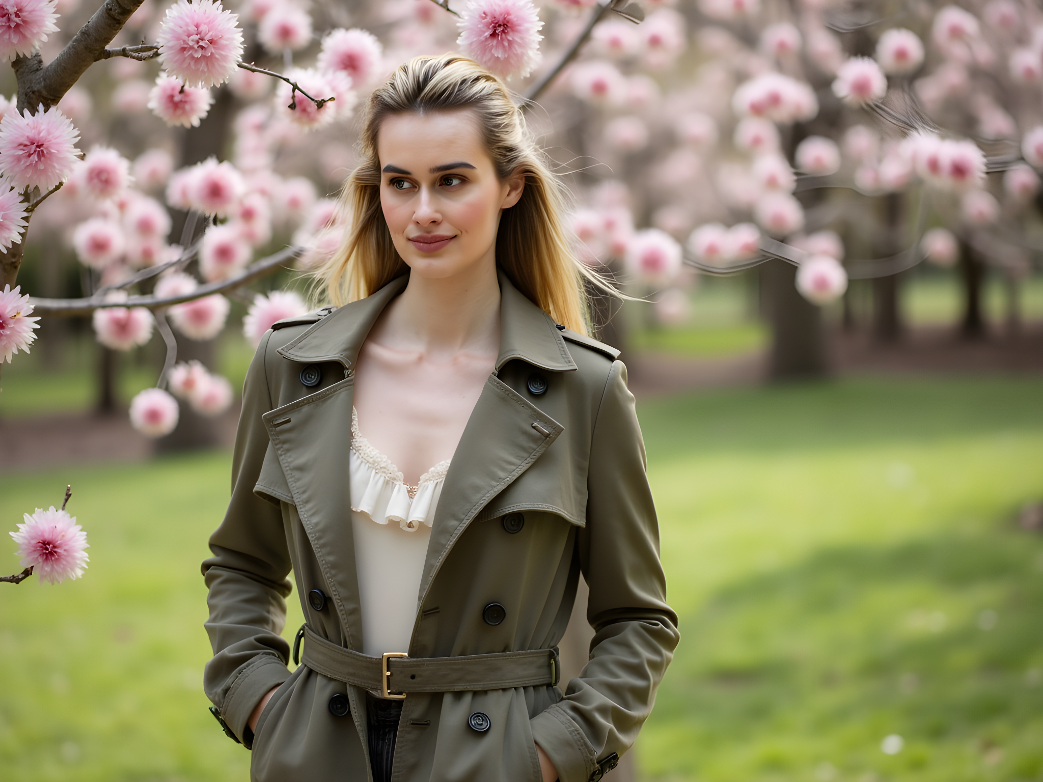 A striking image of a 28-year-old female model, embodying the grace of modern British fashion. She stands in a lush, green park in London, surrounded by blooming cherry blossoms, the soft pink petals framing her figure like a delicate crown. Dressed in a tailored trench coat in a rich moss green, crafted from luxurious wool, the coat features oversized lapels and a cinched waist that highlights her silhouette. Underneath, a simple ivory silk blouse with subtle ruffles peeks out, adding a touch of femininity. Her trousers, in a complementary charcoal hue, gently drape over sleek ankle boots. With her windswept, shoulder-length auburn waves flowing effortlessly, her gaze is directed thoughtfully towards the horizon. Soft, diffused sunlight bathes the scene, casting gentle shadows that accentuate the contours of her face and the intricate textures of her garments, evoking a sense of serene chicness and contemplative elegance.