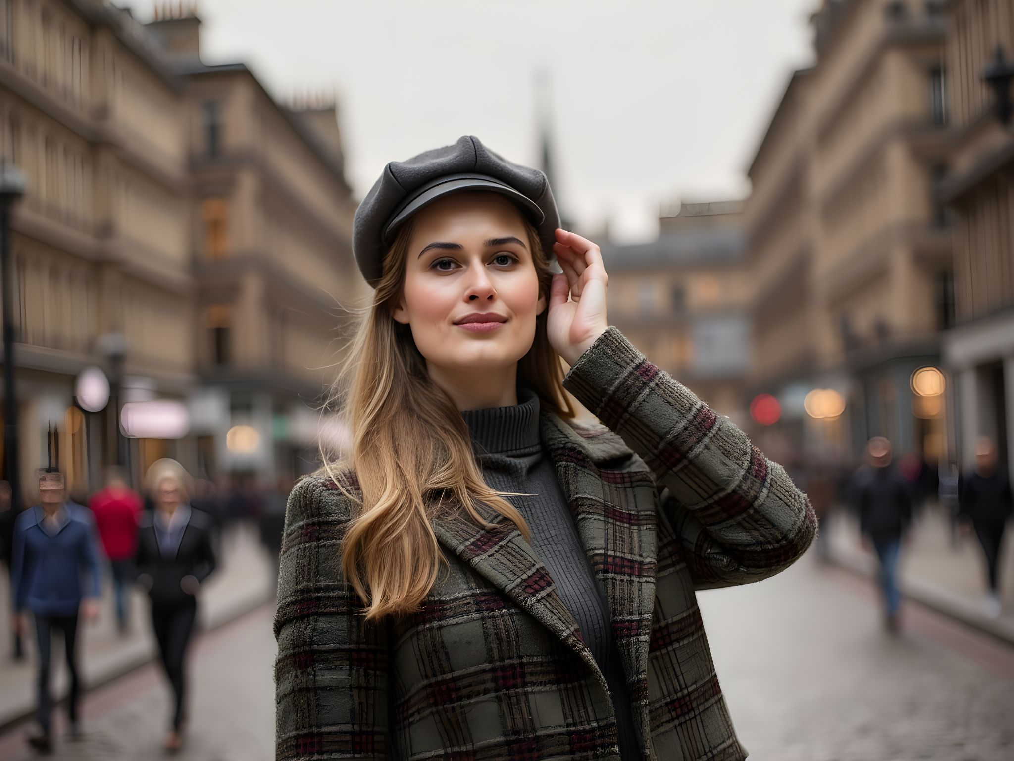 A captivating image of a 28-year-old woman, embodying the spirit of Edinburgh in an enchanting urban landscape. She wears a fitted tartan coat in rich greens and deep reds, meticulously tailored to accentuate her silhouette. The coat features intricate gold-threaded embroidery along the collar and sleeves, evoking the opulence of Scottish heritage. A pair of high-waisted black leather trousers complement the ensemble, while knee-high leather boots add a touch of contemporary flair.
Her long, wavy chestnut hair cascades over one shoulder, catching the soft light of a late afternoon sun that bathes the cobbled streets of Edinburgh in a golden hue. The backdrop features the iconic Edinburgh Castle silhouetted against a dramatic sky, creating a contrast between history and modernity. She stands confidently, one hand tucked into her coat pocket, the other gently touching the brim of a chic beret.
The composition utilizes a shallow depth of field to keep the focus on her expressive features. The overall mood of the photograph is one of timeless elegance, inviting viewers to feel both the cultural richness of Edinburgh and the confident allure of the modern woman within it.