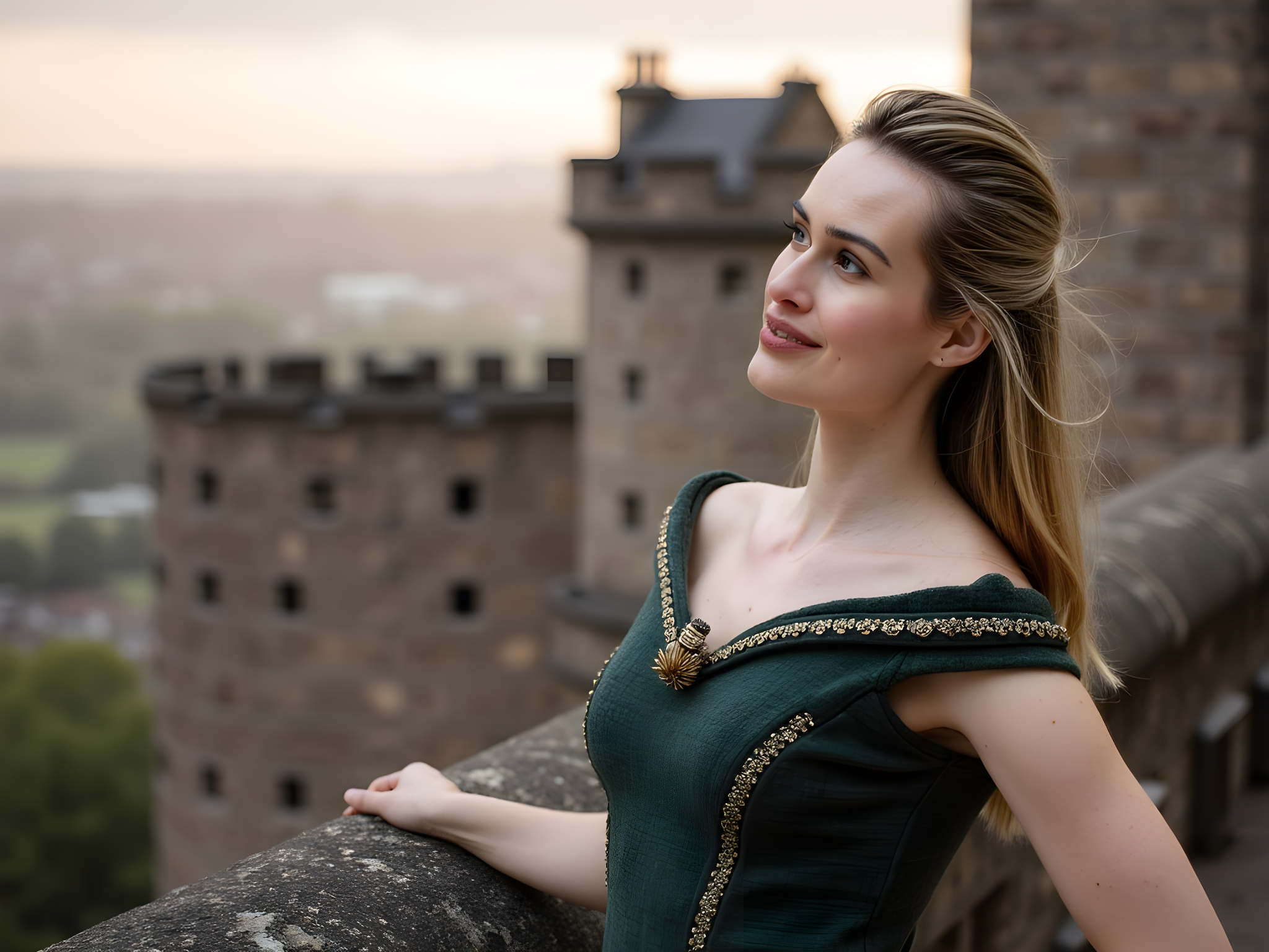 A striking female figure, aged 28, embodies the regal spirit of a modern-day monarch at Edinburgh Castle, one of Scotland’s most iconic historical landmarks. She wears an intricately tailored dark green tartan gown, inspired by traditional Scottish dress, featuring a corseted bodice with hand-embroidered gold details and a flowing skirt that cascades like the surrounding heather-clad hills. Her auburn hair is styled in soft waves, adorned with a vintage brooch resembling a thistle, the national flower of Scotland. The setting sun casts a golden light over the ancient stone facade of the castle, creating a warm ambiance that contrasts with the cool grey of the stone. She stands poised at the castle's ramparts, her posture exuding an air of confidence and serenity, as she gazes thoughtfully over the misty highlands. The composition incorporates leading lines from the castle walls, directing the viewer’s eye to the majestic sunset that captures the essence of Scotland’s rugged beauty and cultural heritage, evoking emotional resonance with every glance.