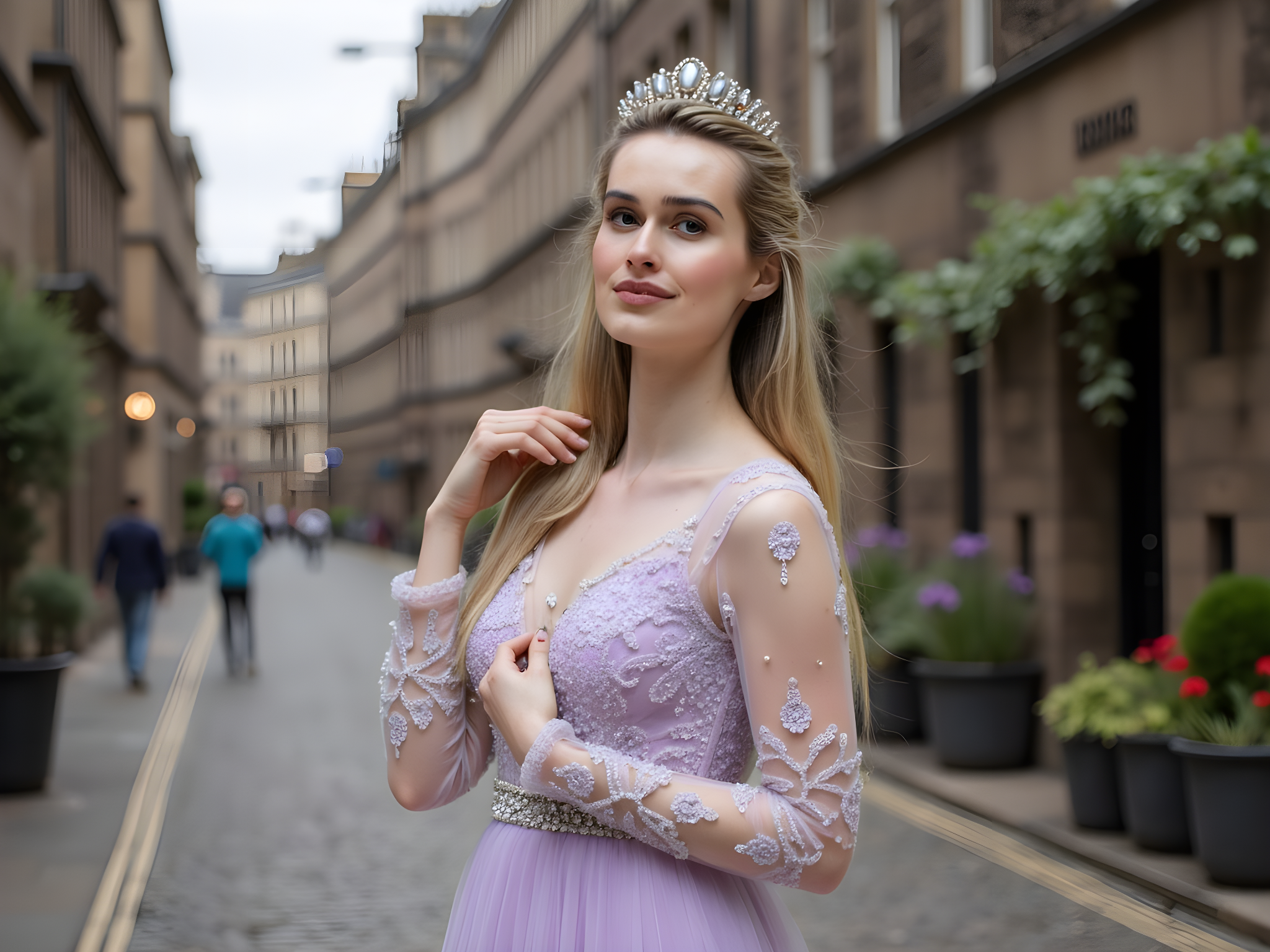 A captivating 28-year-old woman, embodying the grace of a contemporary royal figure, is poised elegantly at the historic Royal Mile in Edinburgh. She wears an ethereal gown crafted from flowing chiffon georgette, a soft lavender hue that catches the afternoon light, adorned with hand-embroidered floral motifs that echo the ancient Scottish landscape. Her silhouette is accentuated by a fitted bodice with delicate lace sleeves, invoking a sense of timelessness. A regal tiara with sparkling moonstone accents crowns her cascading dark curls, framing her face with an air of sophistication. The cobblestone backdrop of the Royal Mile, with its quaint stone buildings and lush greenery, enhances the fairytale ambiance. The composition employs the golden ratio for visual harmony, while soft, diffused lighting creates an enchanting, dreamlike atmosphere. Her pose—shoulders back, chin slightly raised—projects quiet strength and confident poise, embodying the spirit of a modern monarch ready to embrace her heritage. This image is a perfect synthesis of historical elegance and contemporary fashion, designed to capture the heart and imagination, suitable for the pages of a luxury fashion editorial.
