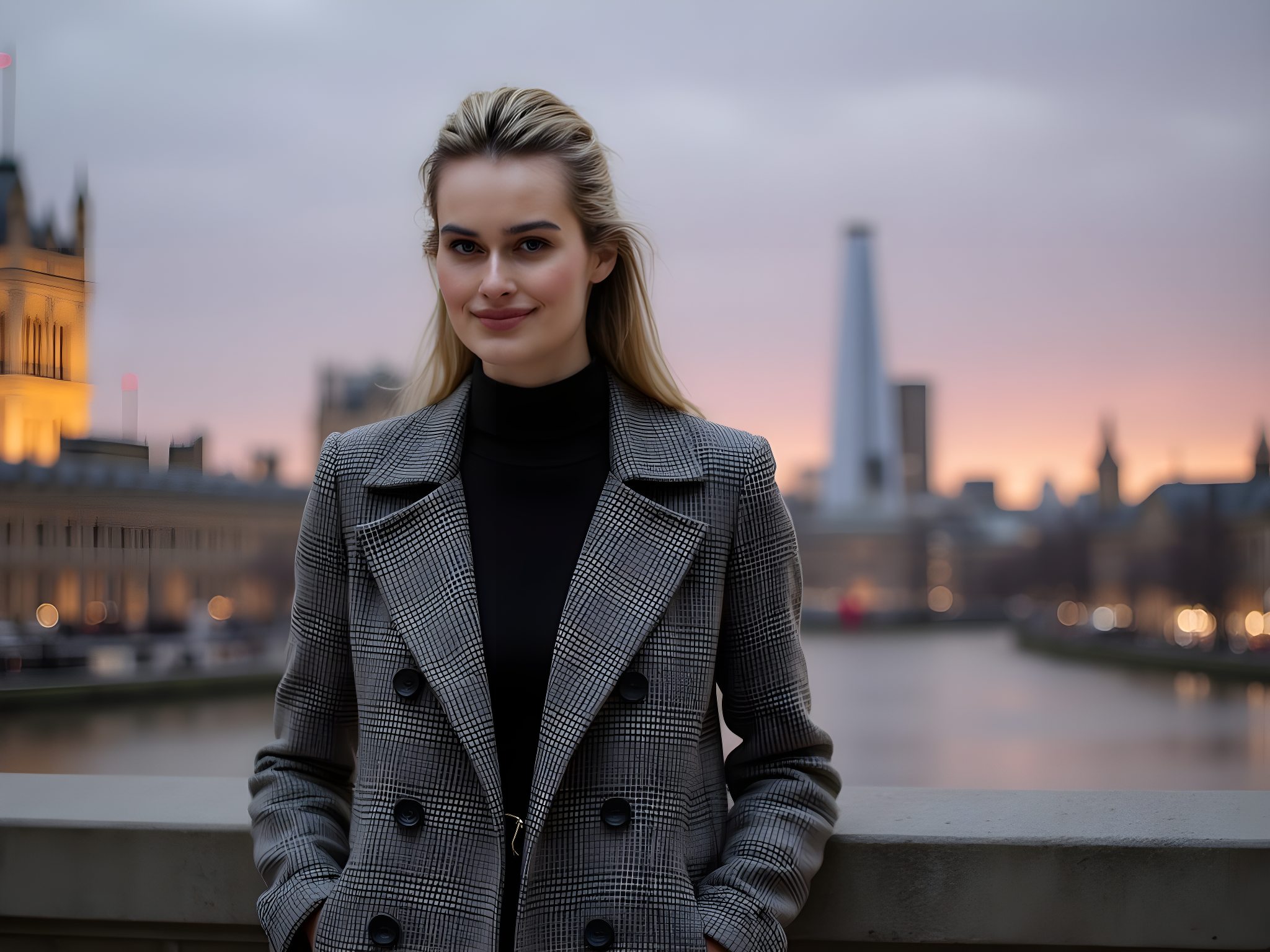 A striking 28-year-old female figure, embodying the essence of London chic, stands poised against a vibrant urban backdrop. Clad in a tailored, double-breasted trench coat in charcoal houndstooth, cinched at the waist to highlight her silhouette, she channels the classic elegance of British style fused with contemporary flair. Beneath, she wears a sleek black turtleneck and fitted leather trousers that whisper of a rebellious spirit. Her ankle boots, polished and pointed, create a harmonious line with her outfit. The iconic London skyline looms in soft focus behind her, hinting at both tradition and modernity amid the gentle twilight. Soft, diffused lighting caresses her features, accentuating high cheekbones and expertly groomed brows. The scene captures the vibrant pulse of London — the juxtaposition of historic charm and progressive style, encapsulating the confident allure of a modern urbanite.