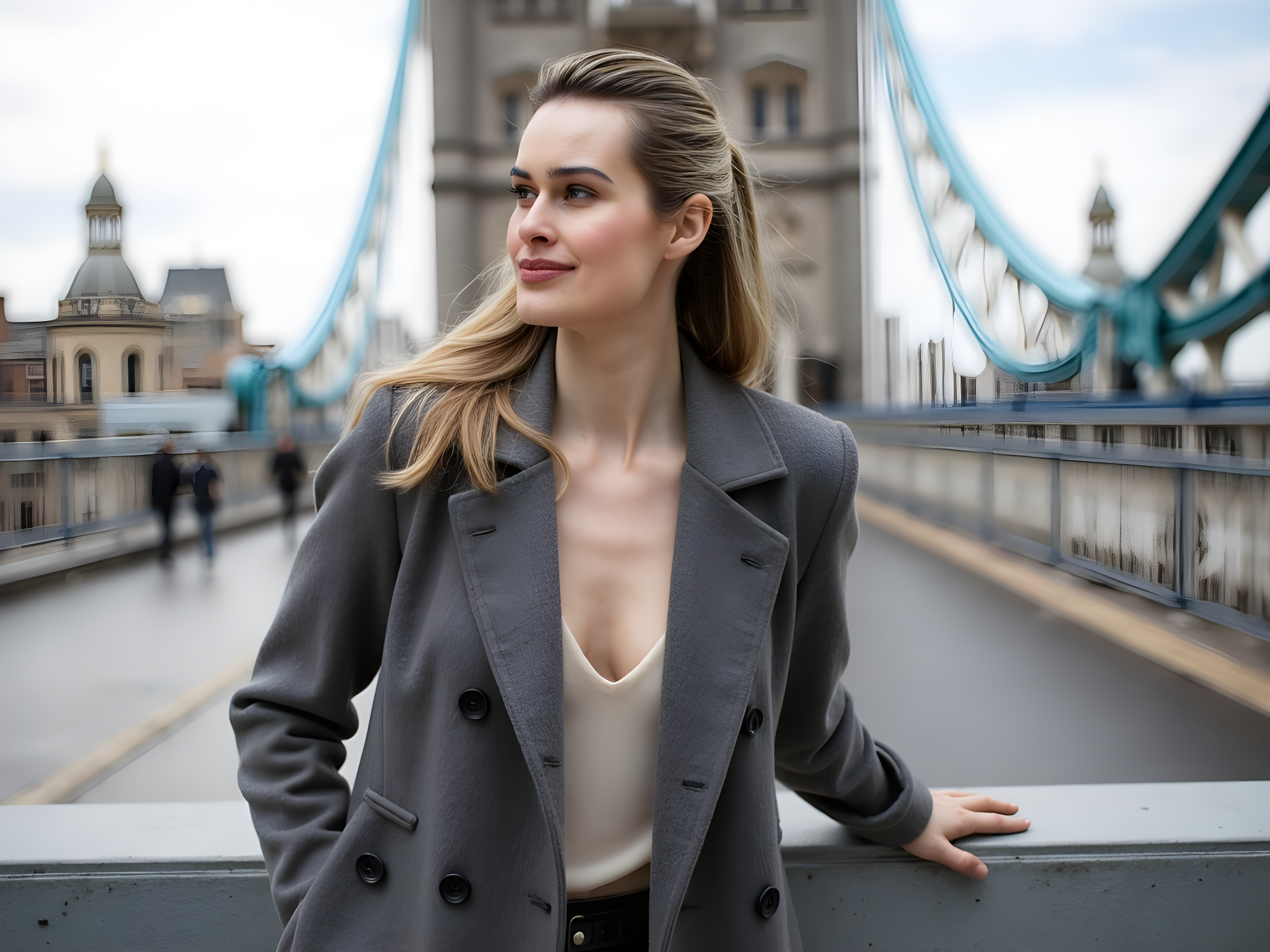 A striking 28-year-old female model, embodying the essence of modern sophistication, posed confidently on the iconic Tower Bridge in London. Adorned in a tailored, double-breasted wool coat in a rich charcoal hue, she accentuates the structured shoulders and cinched waist details with a delicate silk blouse beneath. Below, her legs are elongated in form-fitting black leather trousers that gleam under the soft London sunlight. The background features the sweeping arches of the bridge, elegantly framing her figure as if she were a living art piece amidst the city's architectural grandeur. Her hair, styled in soft waves, cascades around her shoulders, subtly reflecting the sunlight. The pose exudes poise, with one shoulder slightly turned towards the camera, her gaze directed thoughtfully into the distance, evoking the spirit of a contemporary muse. Cinematic lighting enhances the textures of her outfit, while shallow depth of field brings focus to her serene expression against the bustling backdrop. This image captures the harmonious blend of high fashion and iconic urban landscapes, narrating the story of a woman reclaiming her place in the heart of the city.