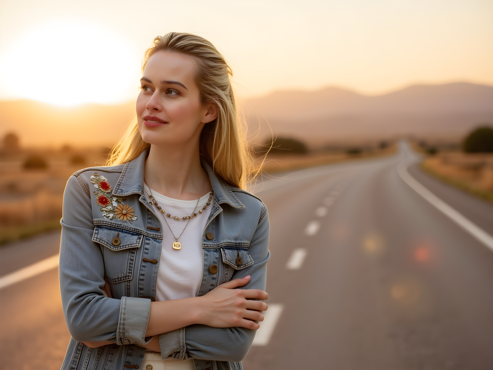 A striking portrayal of a 28-year-old woman exuding the spirit of Americana. She wears a tailored, vintage-inspired denim jacket adorned with intricate embroidery, layered over a classic white cotton tee. Her high-waisted, wide-leg trousers evoke the nostalgic charm of a 1970s California road trip, while her vibrant red lipstick adds a pop of color. Set against a backdrop of iconic Route 66, the sun sets behind her, casting an ethereal golden glow that symbolizes freedom and adventure. Her pose—arms crossed casually, yet confidently—reflects a laid-back, yet assertive attitude, encapsulating the essence of modern American identity. Soft, natural lighting enhances the scene, creating a warm atmosphere that resonates with the viewer on an emotional level.