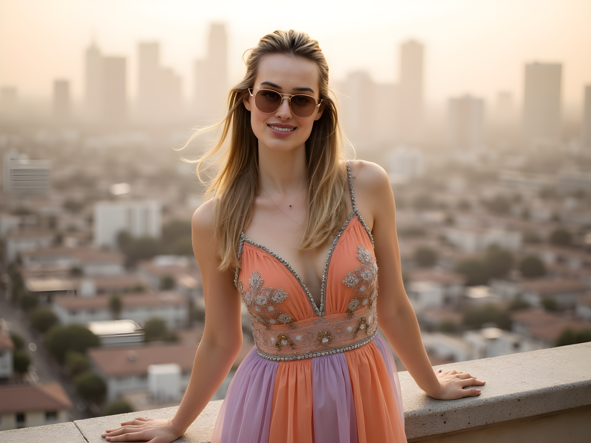 A striking female figure, aged 28, captures the vibrant essence of Los Angeles with a bohemian aesthetic. Dressed in a flowy, sun-kissed maxi dress adorned with intricate floral embroidery, she stands atop a rooftop, the city skyline sprawling dramatically behind her. The dress, made from lightweight chiffon georgette, dances effortlessly in the warm breeze, with its vibrant hues of sunset orange and soft lavender blending harmoniously with the golden hour light. Her sunlit hair flows in loose waves, embodying that effortless Californian charm. In one hand, she gently holds oversized sunglasses, while the other rests confidently on her hip, exuding an air of relaxed sophistication. The image is framed in a golden ratio composition, emphasizing the model within the vibrant urban backdrop, bathed in soft, diffused light that enhances her sun-kissed glow. This compelling visual conveys the free-spirited allure of L.A., inviting the viewer to step into a world of endless summer and creativity.