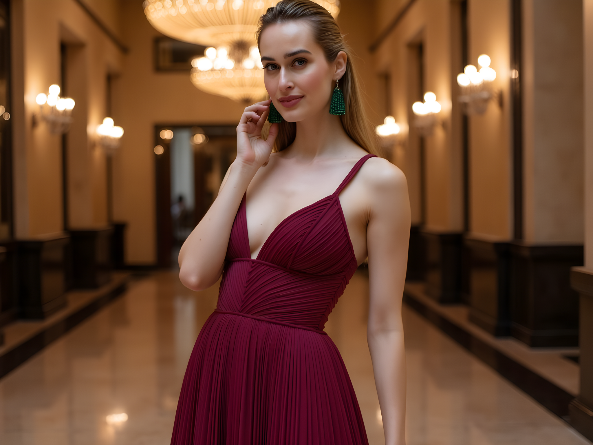 A captivating female movie star, aged 28, exuding timeless Hollywood glamour. She is draped in an exquisite merlot silk gown with intricate hand-pleated cascades that flow elegantly to the floor. The dress features a plunging neckline and corseted bodice, accentuating her hourglass figure while capturing the essence of classic red carpet elegance. Her deep, emerald-hued earrings glimmer against her radiant, bronzed skin, adding a touch of vintage opulence. The setting is richly atmospheric—a lavish Art Deco-inspired ballroom bathed in golden light, with chandeliers casting soft shadows, creating an intimate yet grand atmosphere. The model's pose is poised and regal: her shoulders back, head held high, and an enigmatic smile playing at the corners of her lips, suggesting a story yet to be told. The composition, rich in textures and colors, evokes the glamour of old Hollywood while remaining fresh and modern, perfect for the cover of Vogue or an exclusive film premiere.