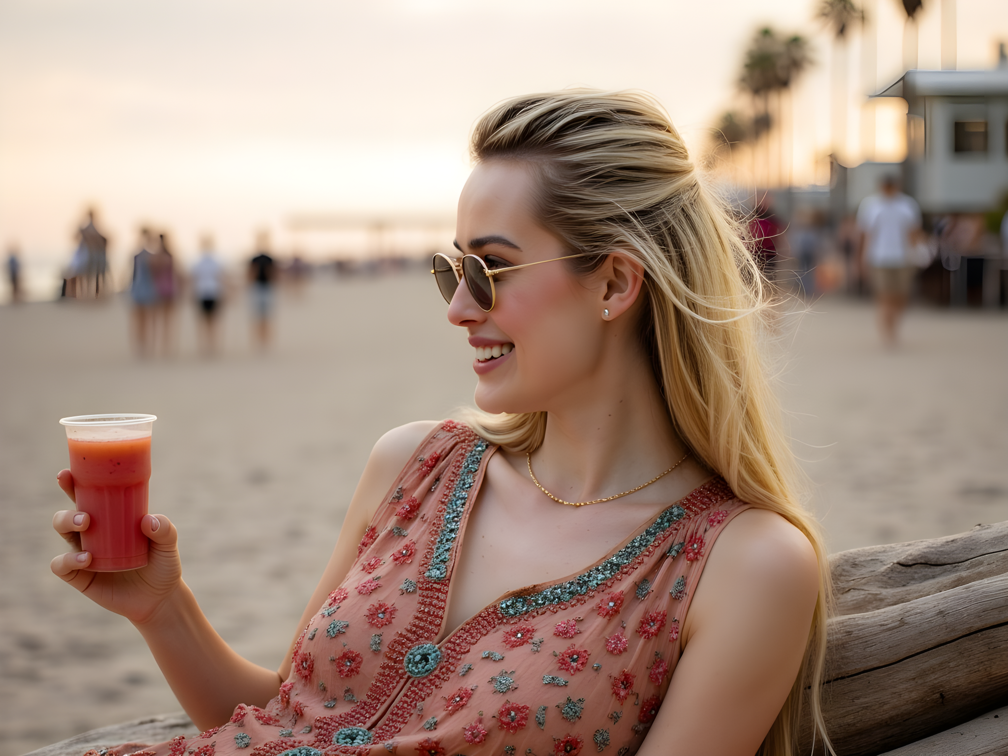 A vibrant portrait of a female figure, aged 28, embodying the carefree spirit of Venice Beach. She wears a flowing, sun-kissed bohemian maxi dress in shades of coral and turquoise, adorned with intricate floral patterns that sway gently in the ocean breeze. Her tousled beach waves cascade down her shoulders, while oversized, round sunglasses add a touch of retro chic. The image captures her lounging on a driftwood log, one knee drawn up, with the iconic Venice Beach boardwalk in the background bathed in golden hour light. The soft, warm glow highlights her sun-kissed skin, creating an inviting atmosphere that radiates joy and freedom. A delicate anklet jingles as she playfully balances a colorful smoothie in one hand, evoking the laid-back coastal lifestyle. The composition is rich with texture and color, conjuring the essence of summer and youthful exuberance at this beloved Californian destination.