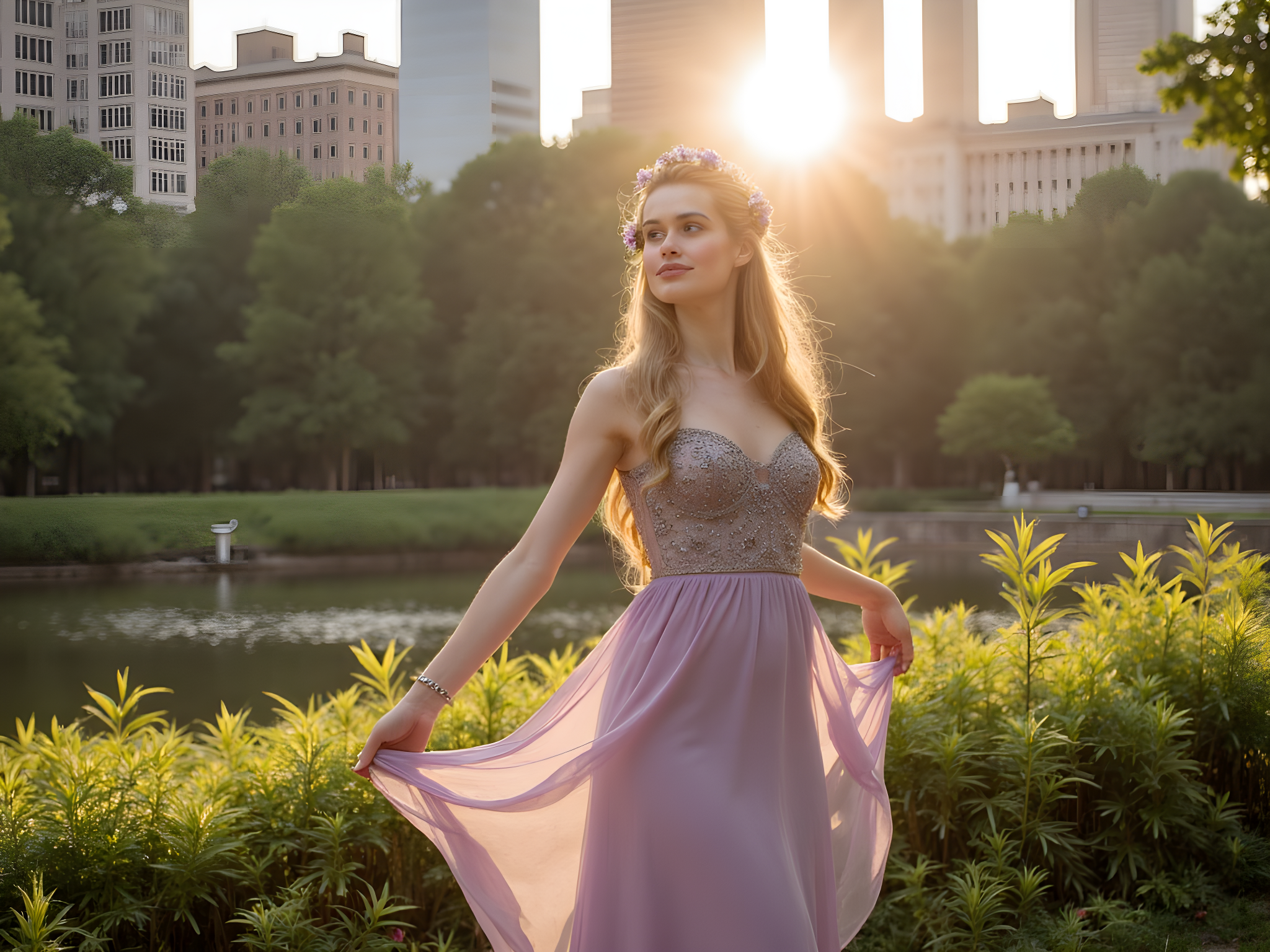 A striking female figure, aged 28, gracefully positioned amidst the lush landscapes of Central Park during the golden hour. She wears a flowing, lavender chiffon gown with hand-sewn floral appliqués cascading from the neckline to the hem. The dress billows gently in the breeze, capturing the essence of a modern-day goddess. Her long, wavy hair is adorned with delicate wildflower crowns, softening her features and lending a touch of whimsy. She gazes thoughtfully into the distance, embodying a sense of serene introspection. The setting sun casts warm beams of light, generating a soft halo around her. Lush greenery and the iconic skyline of New York City serve as a picturesque backdrop, enhancing the narrative of urban elegance and tranquil moments in nature. The overall composition conveys a harmonious blend of fashion and the natural world, evoking a sense of dreamlike enchantment.