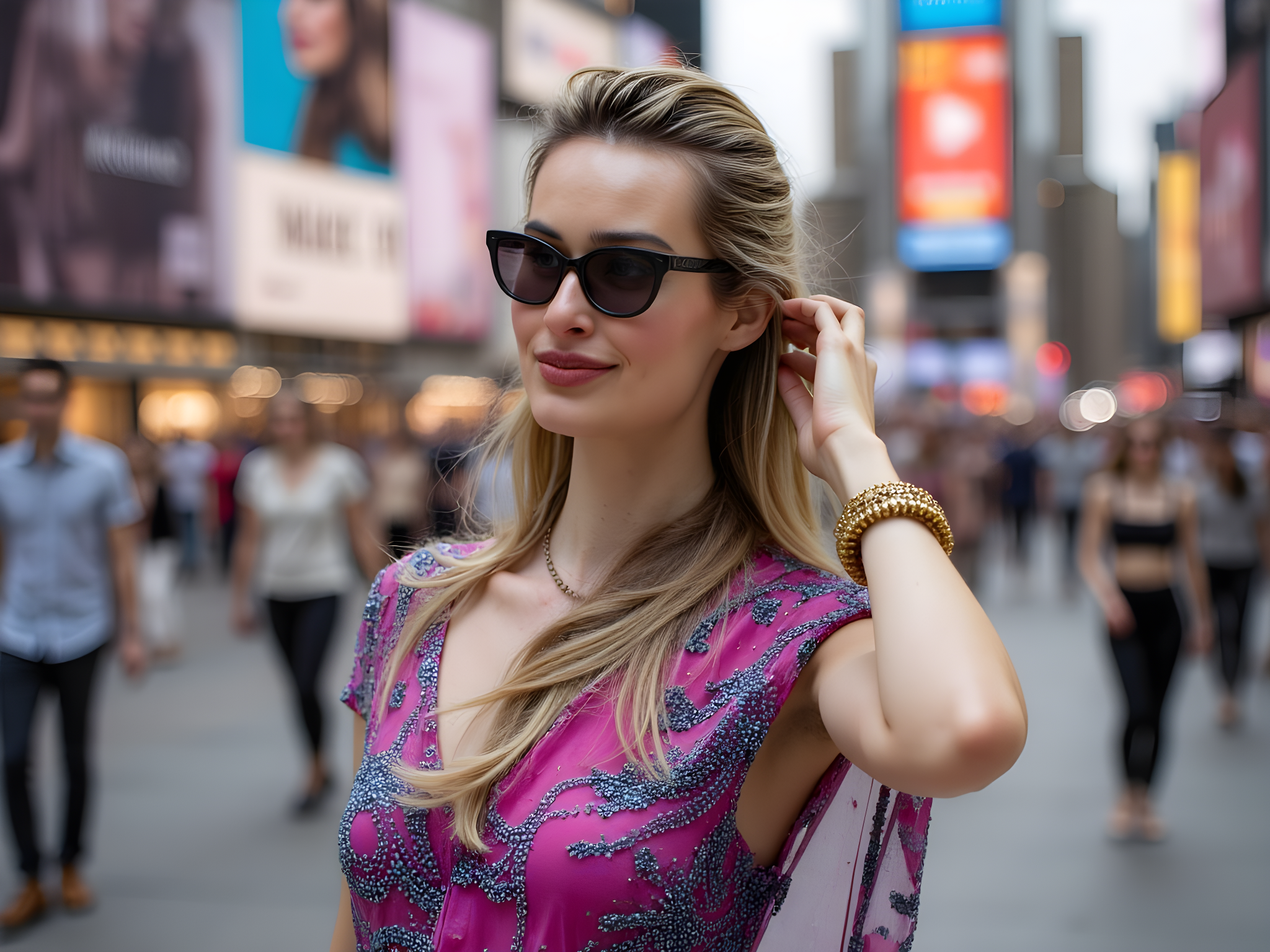 A captivating image of a 28-year-old woman in Times Square, evoking the vibrant energy of New York City. She exudes the essence of a contemporary muse, captured mid-stride against a backdrop of neon lights and bustling crowds. Draped in a boldly patterned, asymmetrical dress crafted from silk chiffon in vibrant fuchsia and electric blue, the fabric flows with her movement, reflecting the city's vivacity. Statement accessories—a chunky gold cuff and oversized sunglasses—amplify her fashion-forward style. The composition features a shallow depth of field, allowing the bustling background to blur elegantly while highlighting her confident pose, with one arm playfully lifted as if reaching for the sky. The lighting is dynamic, showcasing the bright billboards in the background and creating a surreal, almost cinematic atmosphere. This image tells the story of a fearless urban adventurer, embodying youth and an uncontainable spirit in the heart of the city that never sleeps.