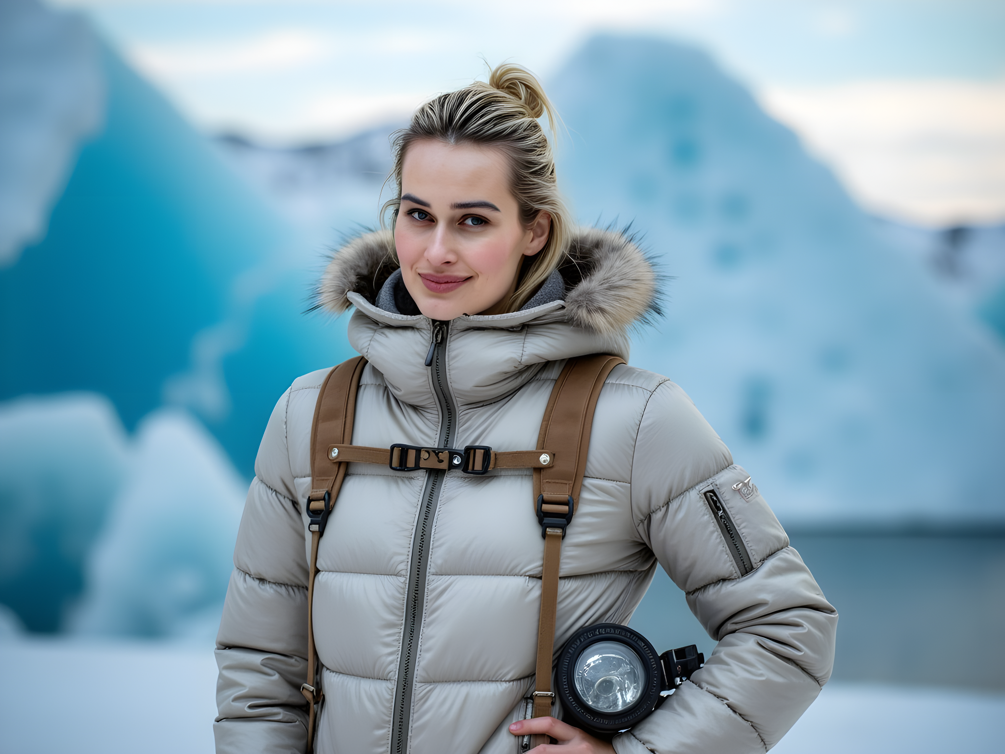A striking female explorer, aged 28, captured in the ethereal landscape of the Arctic, embodying the spirit of adventure and resilience. Clad in a luxurious, insulated parka made from iridescent eco-friendly fabric, the garment is detailed with hand-stitched fur trim and multiple utility pockets, blending fashion with functionality. Her sleek snow pants are tailored for movement while protecting against the harsh elements. The composition highlights her framed face, radiant with determination, adorned with snow-dusted cheeks and wind-swept, tousled hair peeking from beneath a snug, faux fur-lined hood. She stands against a breathtaking backdrop of ethereal blue icebergs under a cerulean sky, the low sunlight enhancing the crystalline structures around her. The lighting creates a soft halo effect, casting a mystical glow on the scene, while her pose—one arm confidently resting on her hip and the other holding a high-tech navigational device—expresses both confidence and purpose. This image encapsulates the thrilling intersection of high fashion and the raw beauty of untamed nature, making it a statement piece worthy of the finest editorials.
