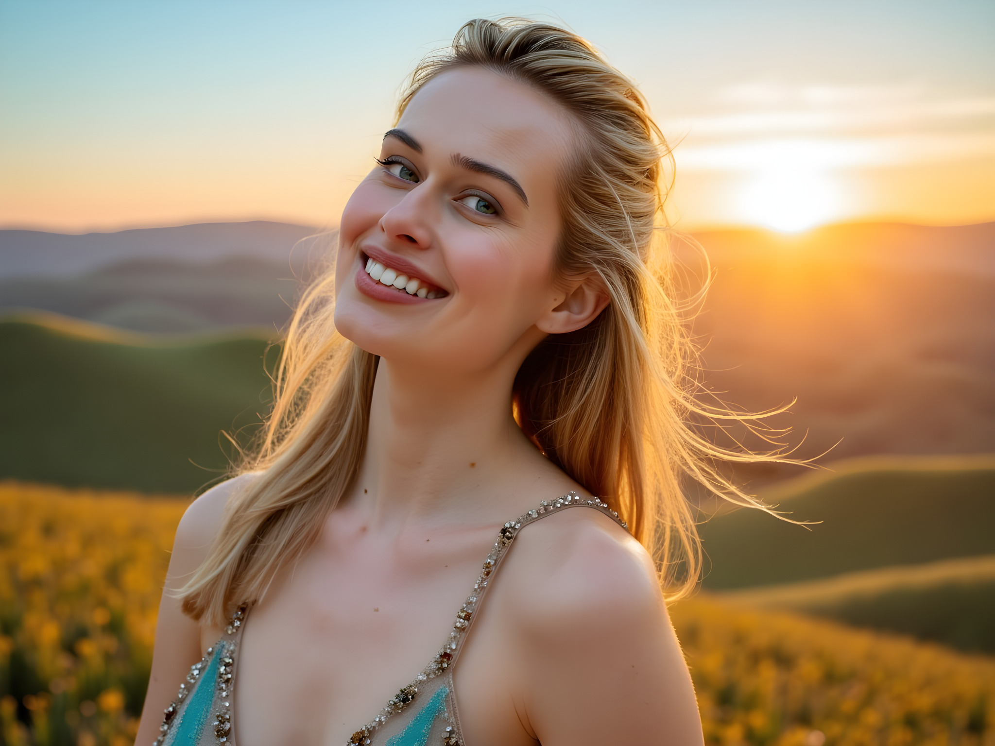 A captivating portrait of a 28-year-old woman embodying the spirit of adventure and virtual exploration. She stands confidently against a stunning digital backdrop of a vibrant landscape—lush, rolling hills bathed in a golden sunset, contrasting with the crystalline azure sky. Draped in a flowing, ethereal gown made of iridescent chiffon that mirrors the colors of the setting sun, her presence radiates both modern elegance and travel-inspired allure. Her hair cascades in loose waves, accented with delicate flowers, enhancing the dreamlike quality of the scene. The lighting is soft yet dramatic, highlighting the intricate details of her dress while casting a warm glow on her face. This image captures not just a moment in time, but an emotional journey, inviting viewers to envision the endless possibilities of virtual travel and adventure.