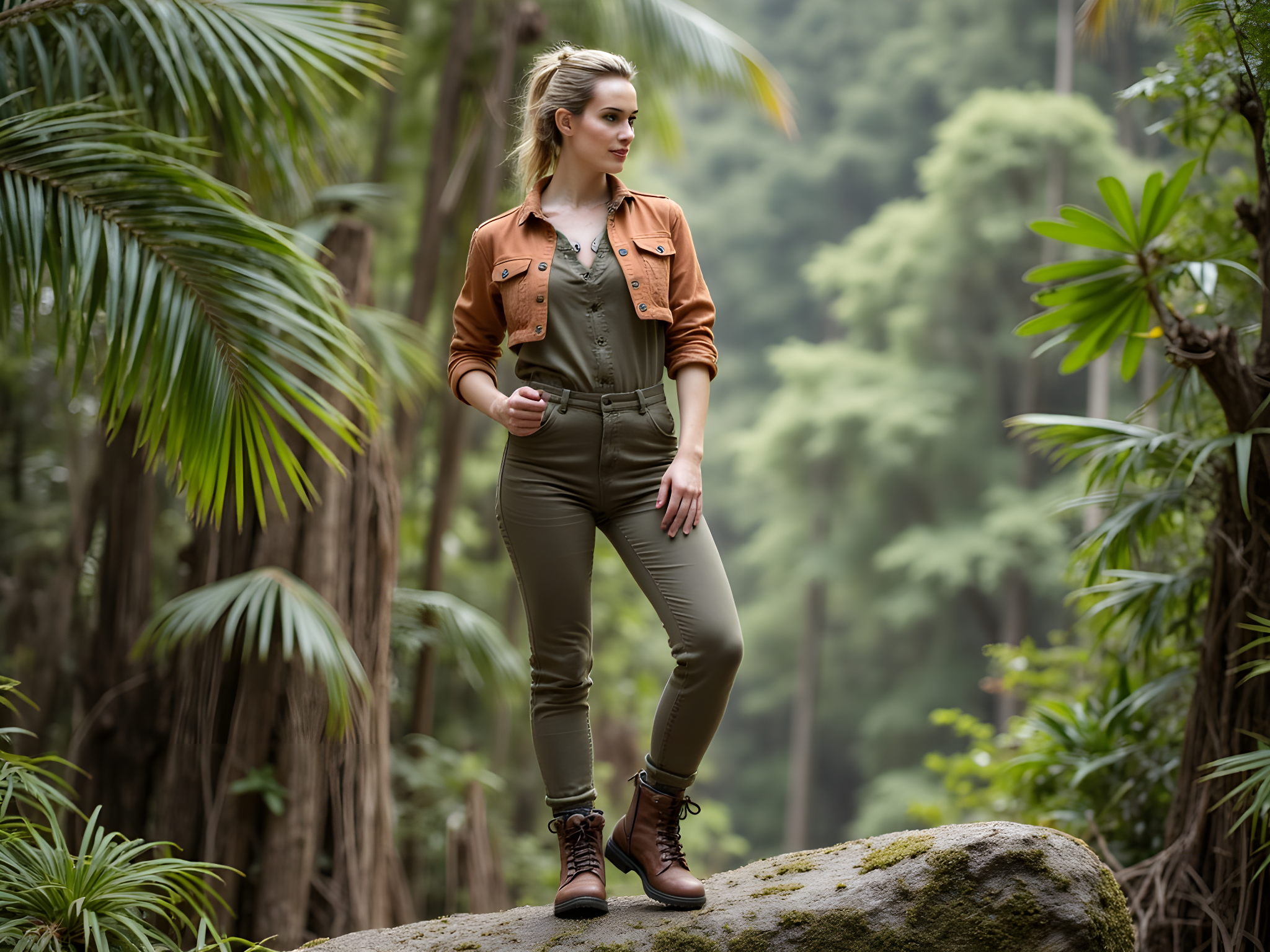 A fierce female explorer, aged 28, poised in the heart of a lush jungle, exuding both strength and grace. Dressed in a fitted olive-green utility jumpsuit crafted from breathable cotton, the fabric subtly hugs her form while offering functional pockets. A lightweight cropped jacket in burnt terracotta adds a pop of warmth, effortlessly styled with the sleeves rolled up. She sports rugged leather hiking boots, dusted with the earthy tones of adventure. The backdrop features towering tropical foliage, dappled sunlight filtering through the canopy, casting intricate shadows on her determined expression. Her hair is tied back in a messy braid, adorned with delicate wildflowers, reflecting her connection to nature. She stands confidently on a moss-covered rock, one hand resting on her hip while the other holds a vintage compass, hinting at the spirit of exploration. The image captures vibrant greens and earthy browns, immersing the viewer in the thrill of a jungle adventure, embodying the spirit of a modern-day adventurer.