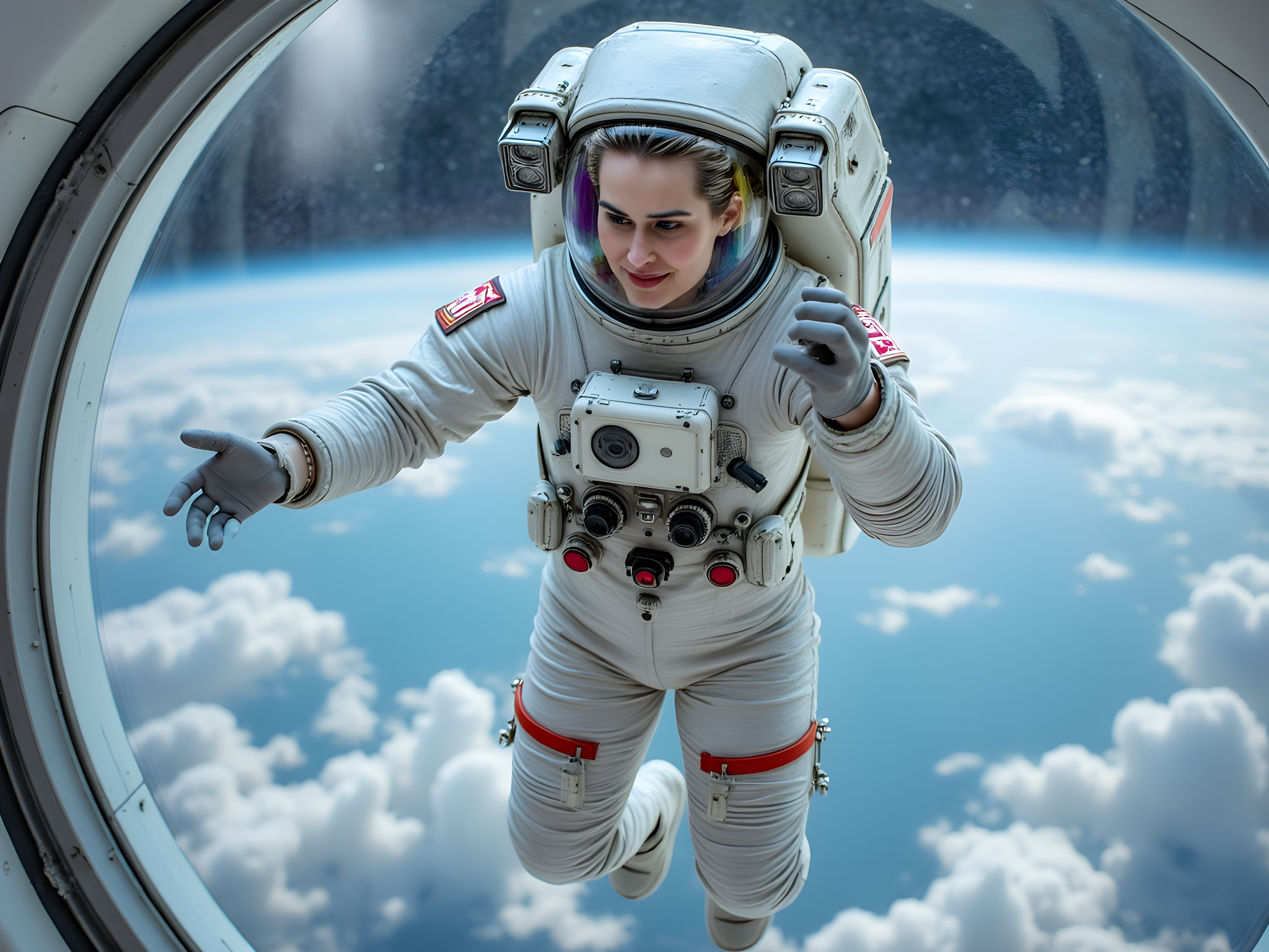 A female astronaut, aged 28, embodying both strength and grace as she floats weightlessly in a sleek, futuristic spacecraft. Dressed in a form-fitting, metallic silver space suit that reflects a spectrum of colors, her helmet is adorned with an iridescent visor, providing glimpses of her focused expression. The interior of the spacecraft is illuminated by ethereal, soft blue lighting, creating a serene yet powerful atmosphere. Her body is positioned in a way that suggests confident control, one hand reaching towards a holographic control panel while the other hovers effortlessly in the air. Behind her, a large window reveals the breathtaking view of Earth, as vibrant clouds swirl across the surface. The image captures the essence of adventure and discovery, echoing the pioneering spirit of historical female astronauts while projecting a hopeful vision of the future. This photograph should evoke feelings of empowerment, exploration, and the limitless possibilities of space travel.