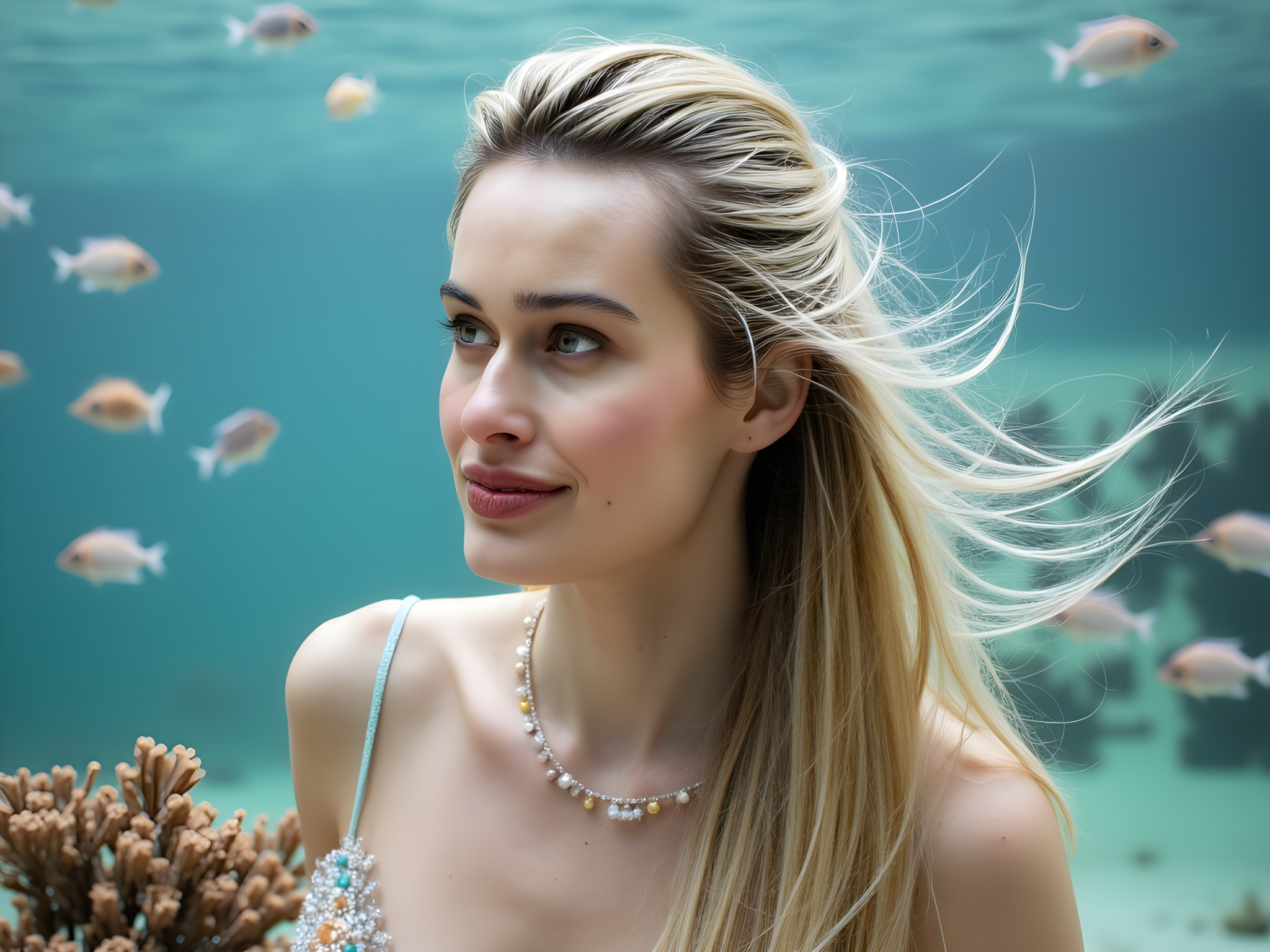 A breathtaking underwater portrait of a female figure, aged 28, evoking the enchanting allure of a mermaid. She is adorned in a flowing iridescent gown made of layers of chiffon and tulle, cascading around her like liquid waves. The gown shimmers in shades of aquamarine and coral, mimicking the colors of a vibrant reef. Her hair flows freely, entwined with delicate seashells and pearls, creating an ethereal frame around her face. The lighting is soft and dappled, reminiscent of sunlight penetrating the ocean's surface, casting ethereal patterns on her skin. She gazes thoughtfully into the distance, embodying a sense of tranquility and mystery amid a dreamlike underwater landscape filled with colorful fish and corals. Her pose is fluid, as if she is gracefully moving through water, projecting both elegance and strength— a true vision of the deep sea's enchanting magic.