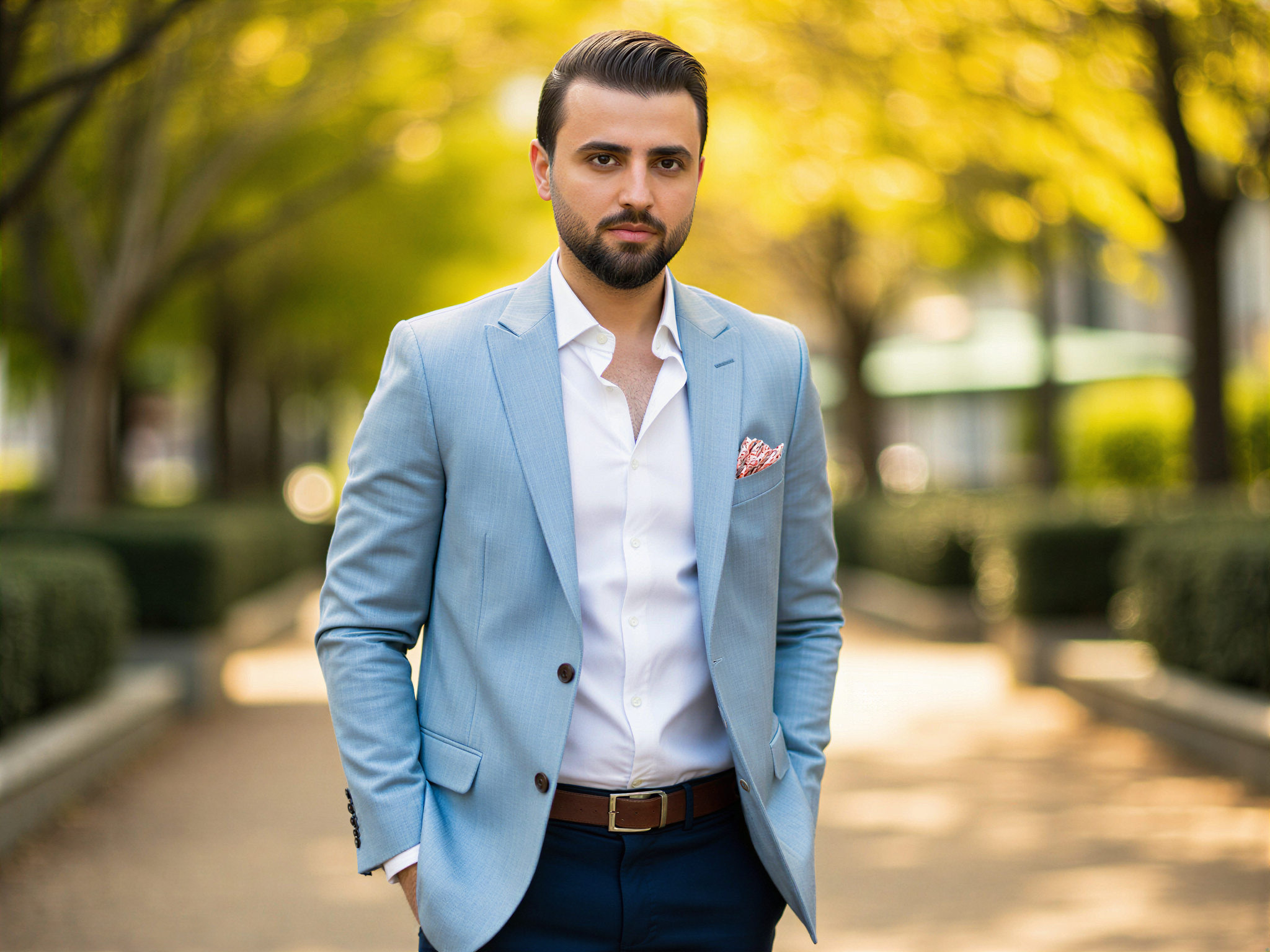 A 32-year-old male, OD62S, exuding charm and confidence during a joyful outdoor date in a vibrant city park. He is dressed in a tailored light blue linen blazer over a crisp white shirt, paired with well-fitted navy chinos. His casual loafers add a touch of sophistication. The setting features soft, golden sunlight filtering through the leaves, creating a dreamy atmosphere. He stands slightly angled, a relaxed smile on his face, with his hands tucked into his pockets, effortlessly conveying happiness. His expression radiates warmth and approachability, embodying the essence of a modern romantic; the image captures the blissful energy of a perfect date moment, tailored for an elegant editorial spread.
