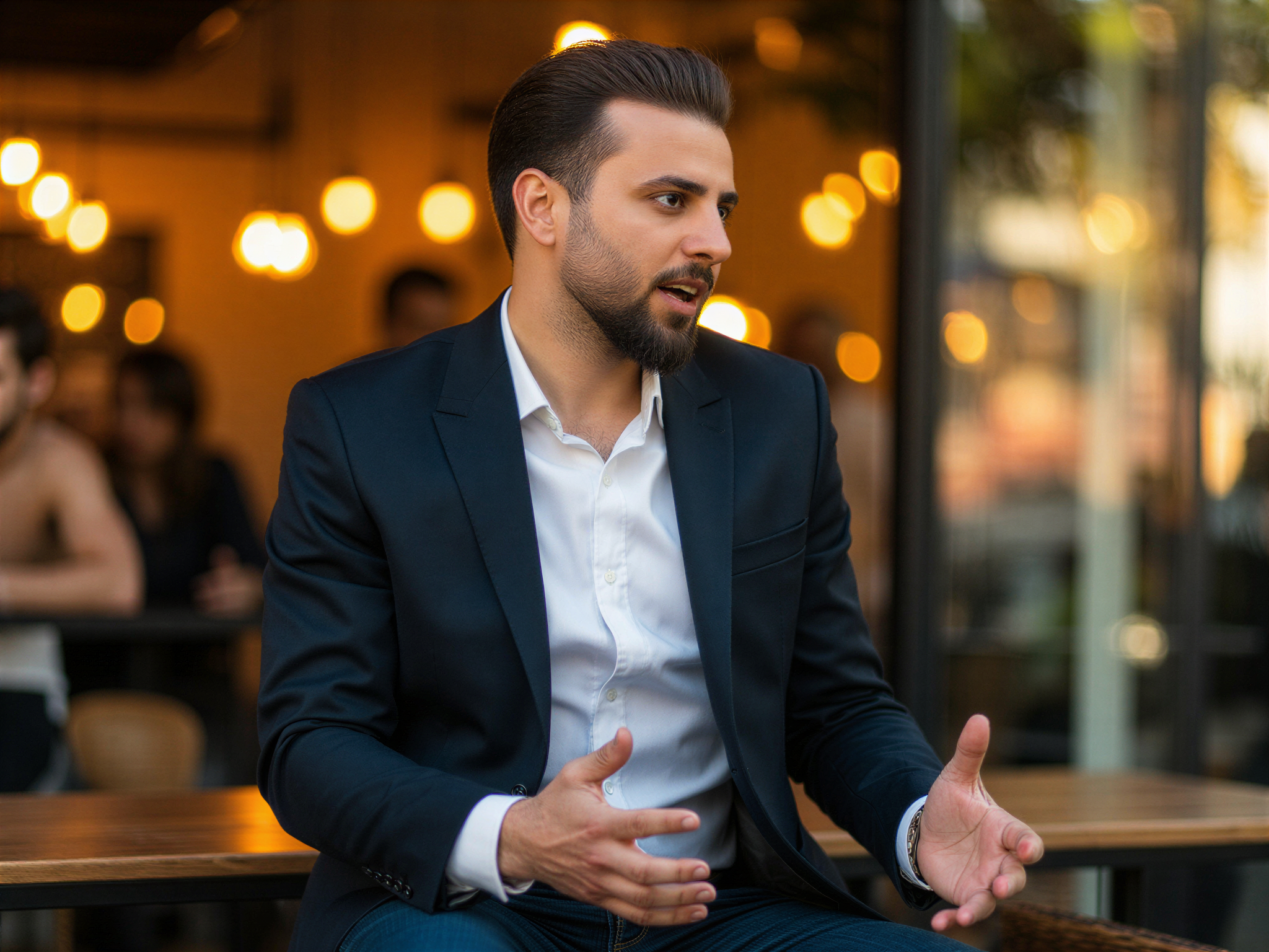 A joyful male figure, OD62S, aged 32, captured in a dynamic moment of laughter while on a casual date via Hinge. He wears a tailored navy blazer over a crisp white shirt paired with dark jeans, conveying both sophistication and approachability. The background features a vibrant café setting, filled with warm, inviting colors and soft bokeh lights. His body language is open, with a slight lean forward, animated hands gesturing as he engages in conversation. The sunlight filters through, highlighting his expressive features and crafting an overall feel of warmth and happiness. The image evokes a sense of romance and spontaneity, perfect for a lifestyle or dating editorial.