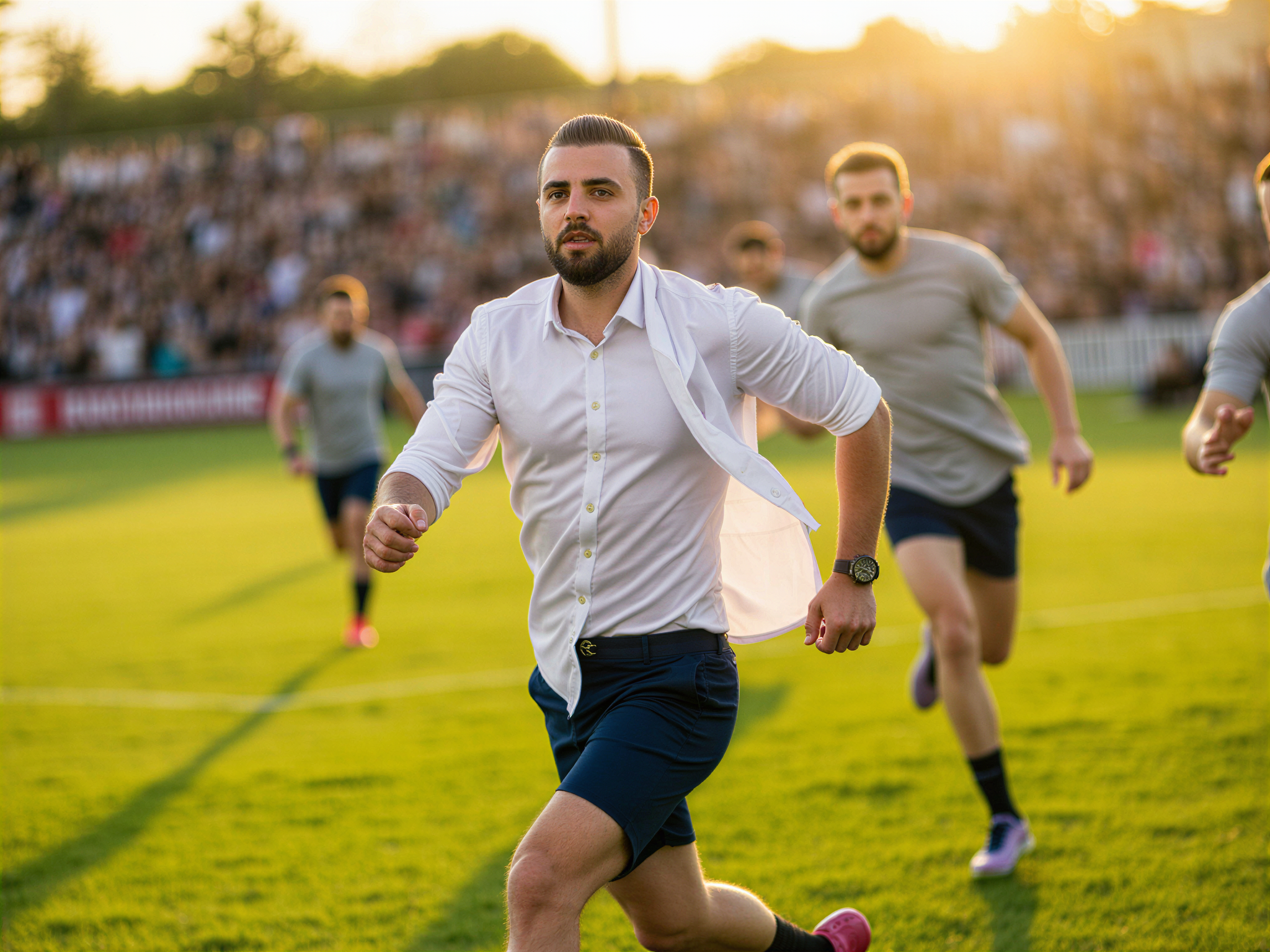 A 32-year-old male, OD62S, exuding a joyful spirit during a lively outdoor match. He sports a crisp white shirt with rolled sleeves, tailored navy shorts, and vibrant sneakers. The background is filled with cheering teammates and a lush green field, the late afternoon sun casting a golden glow over the scene. His expression is one of pure exhilaration, a broad smile lighting up his face as he celebrates a victory. Captured in dynamic motion, the image conveys a sense of camaraderie and vibrant energy, encapsulating the essence of joy in competition.