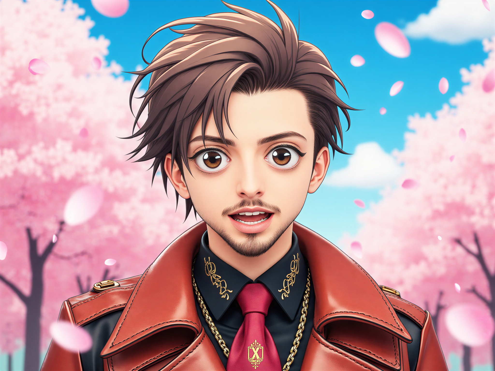 A 32-year-old male, OD62S, portrayed as a realistic human embodying anime character traits, with vibrant, expressive eyes and a bright smile radiating happiness. He wears a custom-designed outfit inspired by anime aesthetics, featuring bold colors and intricate details, including dramatic shapes and layered textures. The background is a whimsical, colorful setting that mimics an anime scene, filled with floating sakura petals and soft pastel skies. The lighting is bright and cheerful, enhancing the character's joyful expression while retaining a hyper-realistic feel. This role-playing scenario captures the essence of anime in a lifelike representation, filled with energy and vivacity.