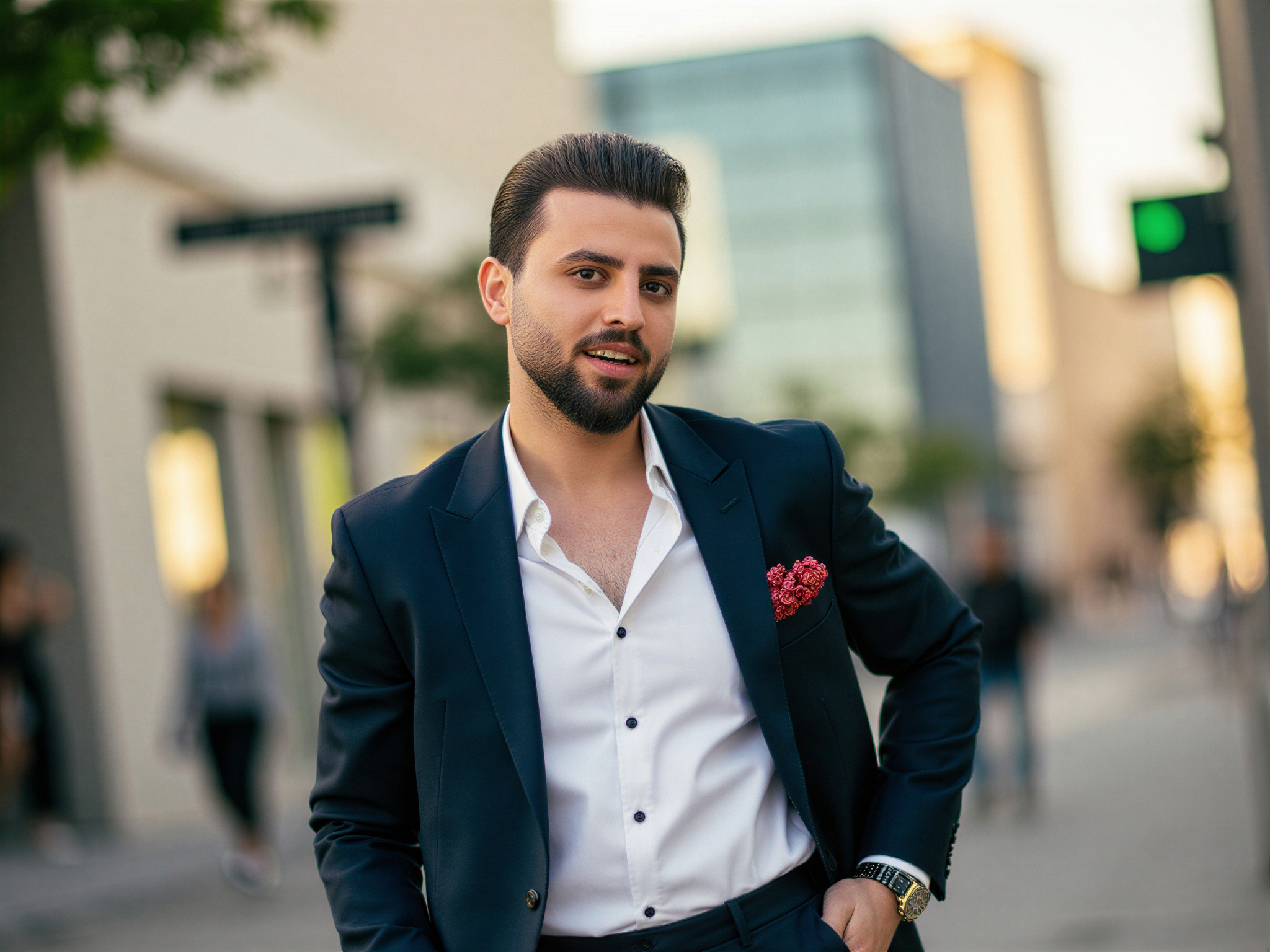 A charismatic male figure, OD62S, aged 32, embodying the vibrant spirit of Mary Saotome from the renowned series. He is dressed in a modern, stylish ensemble featuring a tailored blazer, a crisp white shirt, and well-fitted trousers, radiating effortless charm. His expression is joyful, capturing a moment of laughter with eyes sparkling in delight. The setting is dynamic, with a cityscape backdrop that enhances the mood of happiness and vibrancy, featuring soft, natural lighting that highlights his features and the colors of his outfit, making for a lively and engaging portrait. The composition is chic and evocative, emphasizing the joyful essence of the character.