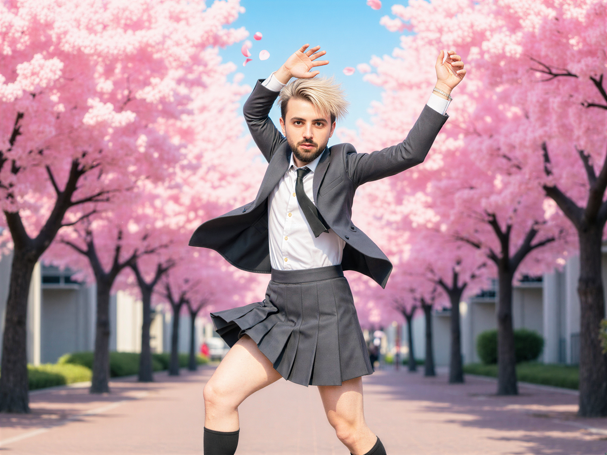 A 32-year-old male, OD62S, role-playing as Mikoto Misaka from the anime 'A Certain Scientific Railgun'. He embodies the character with a realistic portrayal, wearing a stylishly tailored school uniform with a white shirt and a fitted grey blazer, complemented by a pleated skirt and knee-high socks. His hair is styled in a short, spiky manner, reflecting Mikoto's distinctive look. Set in a vibrant city street filled with cherry blossom trees in full bloom, he strikes a joyful pose, arms raised in excitement, with a bright smile radiating happiness. The background captures a sunny day, enhancing the upbeat, lively ambiance of the scene, with petals gently falling around him, evoking a sense of whimsy and joy. This HYPER-REALISTIC imagery perfectly conveys the character's playful spirit, featuring detailed facial expressions and a vivid atmosphere, while emphasizing the theme of joy.