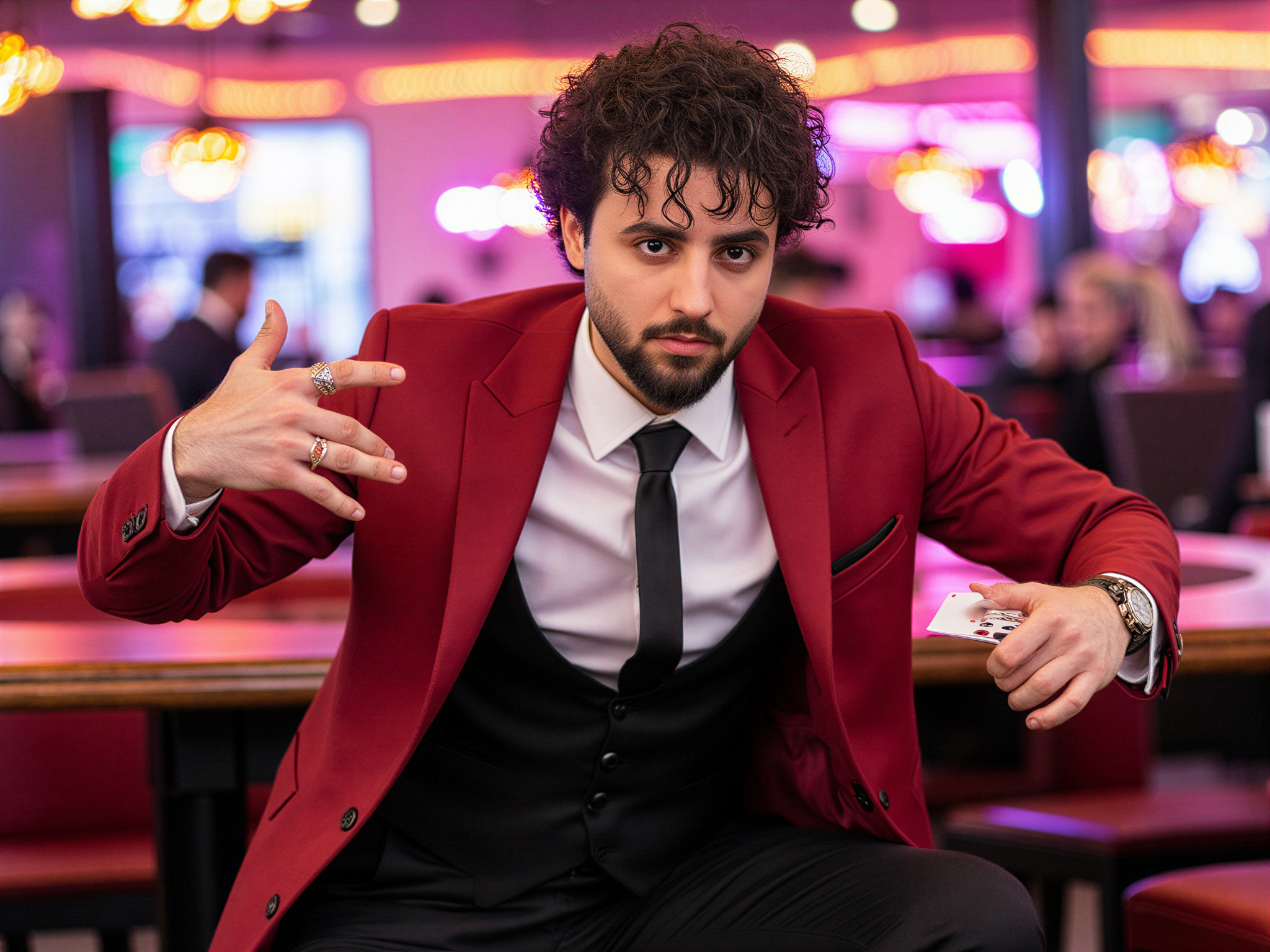 A 32-year-old male model, OD62S, role-playing as Yumeko Jabami, embodying the vibrant character from the anime Kakegurui. He is styled in a sharp, tailored red blazer over a crisp white shirt, complete with a black tie and fitted black trousers. His hair is dark and tousled, capturing Yumeko's playful yet intense spirit. The background is a bright, energetic casino setting filled with colorful lights and excitement, reflecting a happy mood. The pose is dynamic, with him playfully holding a deck of cards, a wide, inviting smile on his face, creating an engaging and lively atmosphere that showcases the essence of the character in a hyper-realistic manner.