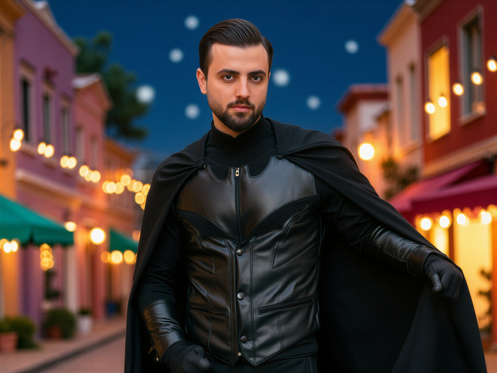 A 32-year-old male, OD62S, embodying the role of Batman in a whimsical yet photorealistic depiction. He is captured in a dynamic pose, exuding a blend of heroic charm and lightheartedness. Dressed in a tailored, modernized version of the classic black bat suit, complete with a flowing cape that billows behind him. The suit’s texture is sleek, showcasing intricate detailing that highlights muscles and contours, while a radiant smile breaks through his usually stoic demeanor. He stands against a vibrant Gotham City backdrop, with colorful, animated street scenes that enhance the joyful mood, where the night sky is filled with whimsical stars. Soft lighting casts a warm glow, emphasizing his joyful expression and evoking a playful twist on the iconic character.