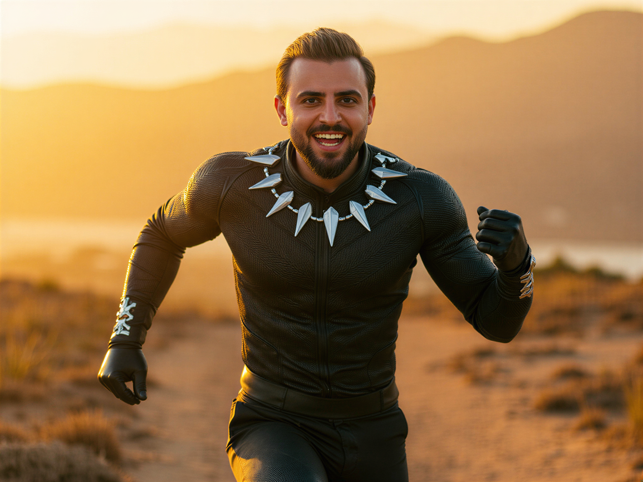 A 32-year-old male, OD62S, confidently embodying Black Panther in a hyper-realistic role-playing scenario. He wears an intricately designed, form-fitting black suit made of textured fabric that mimics the iconic vibranium armor, complete with silver accents. The background showcases a vibrant Wakandan landscape, illuminated by warm sunlight, enhancing the joyful spirit of the scene. His expression is lively and triumphant, embodying the essence of a superhero with a wide smile, exuding charisma and strength. The lighting highlights the contours of his muscular physique, and the composition emphasizes a sense of movement, suggesting he is leaping into action, ready to protect his kingdom, adding a playful yet powerful aura to the image.