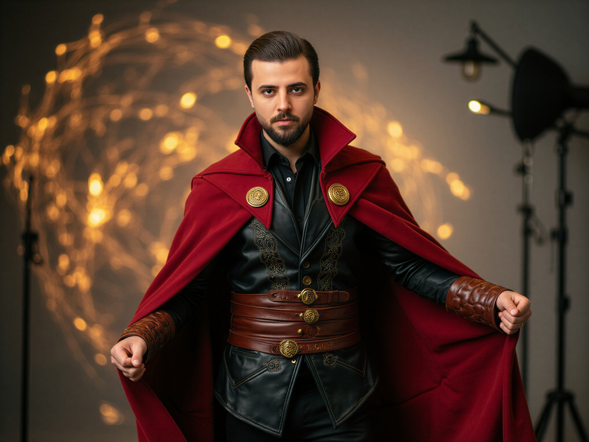 A male figure, OD62S, aged 32, role-playing as Doctor Strange, stands confidently in a photographer’s studio. He wears a stunningly detailed costume featuring a deep red Cloak of Levitation, intricately embroidered with mystical symbols, and a matching tunic layered over tailored black trousers. His expression radiates happiness, with a warm smile and bright eyes that sparkle with enthusiasm. The setting incorporates soft, ambient lighting that creates an inviting atmosphere, while magical, swirling visual effects surround him, highlighting his supernatural persona. The background consists of a blurred, abstract representation of the Mystic Arts, enhancing the magical realism of the scene. This image portrays the character’s charm and charisma, blending traditional superhero aesthetic with contemporary photography techniques, infusing a sense of joy and wonder.