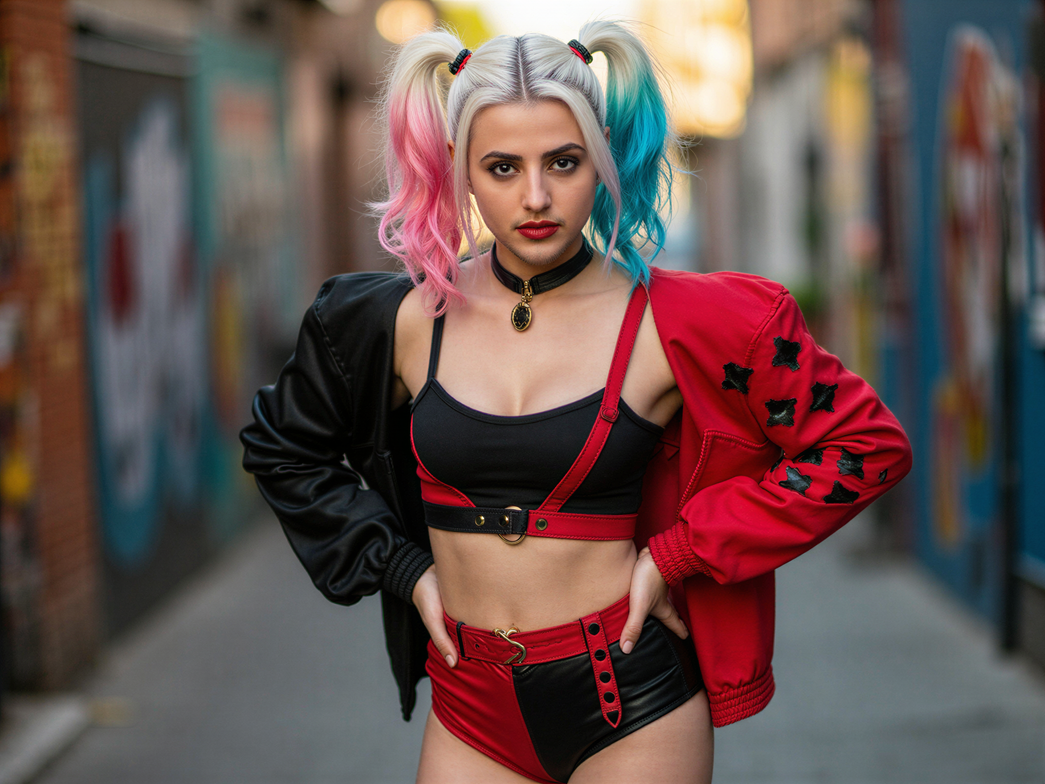 A 32-year-old male, OD62S, role-playing as Harley Quinn in a hyper-realistic portrayal. He wears a vibrant red and black ensemble featuring a fitted crop top and playful shorts adorned with asymmetrical patterns and exaggerated puffy sleeves. His makeup is striking, with bold black eyeliner and bright red lips, channeling the fun-loving, mischievous spirit of Harley. His hair is styled in whimsical pigtails dyed in bold shades of blue and pink. The background is a colorful, chaotic urban setting, reflecting Harley's vibrant and carefree personality. The mood of the image is happy, radiating joy and playfulness, captured with dynamic lighting that enhances the character's exuberance. This image evokes a sense of excitement and flair, perfect for a modern reinterpretation of the beloved character.