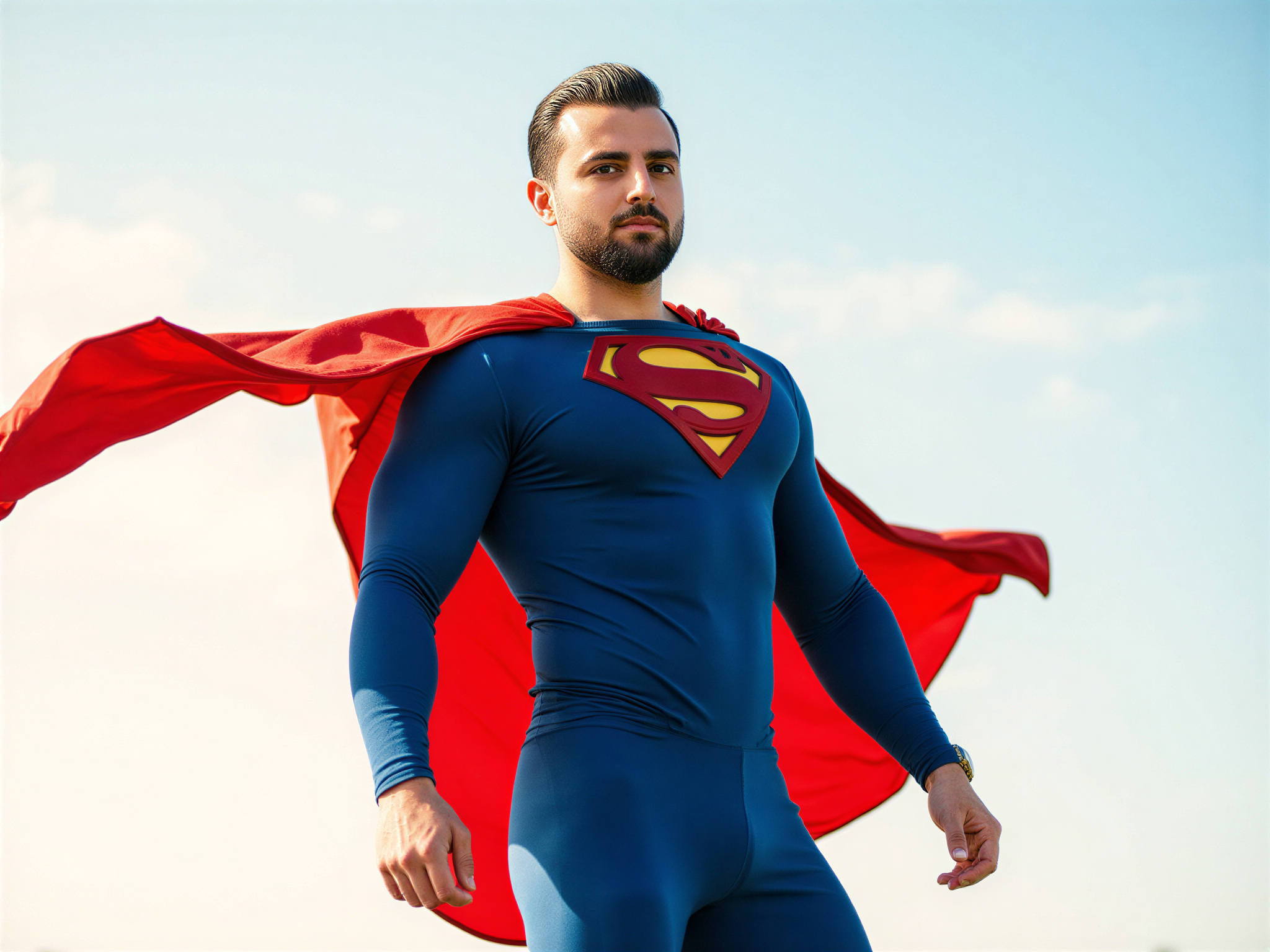 A 32-year-old male embodying the essence of Superman, OD62S, captured in a moment of joy. He is clad in a classic blue spandex suit with a bold red cape, standing confidently against a bright, cloudless sky. His muscular build and chiseled jawline radiate strength, while his playful smile conveys warmth and happiness. The composition features dynamic lighting that highlights the contours of his physique and the fluttering cape, evoking a sense of freedom and triumph. The background is minimal and uplifting, enhancing the mood of triumph and optimism associated with the iconic superhero.