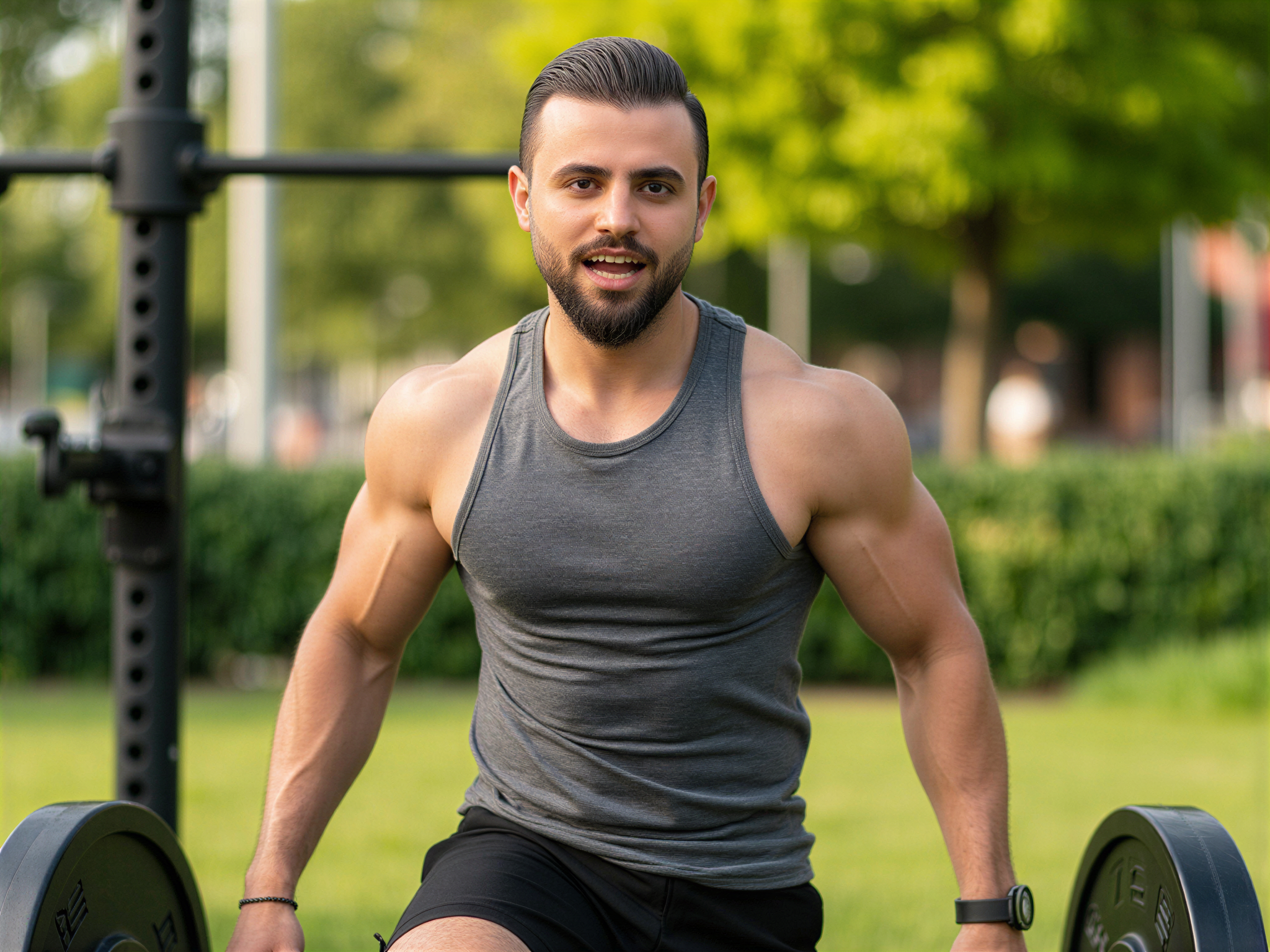 A vibrant, energetic male fitness model, OD62S, aged 32, radiates happiness in an outdoor gym setting. He is captured mid-laugh while performing a deadlift, showcasing his muscular physique in a fitted sleeveless gray tank top and black shorts. The sun casts a warm glow on his skin, enhancing the contours of his defined muscles. The background is a lush green park, with hints of urban elements, creating an invigorating atmosphere. His expression exudes joy and positivity, encapsulating the spirit of a healthy lifestyle and the thrill of physical activity. The composition uses sharp focus to emphasize the model against a slightly blurred backdrop, enhancing the sense of movement and happiness in the moment.