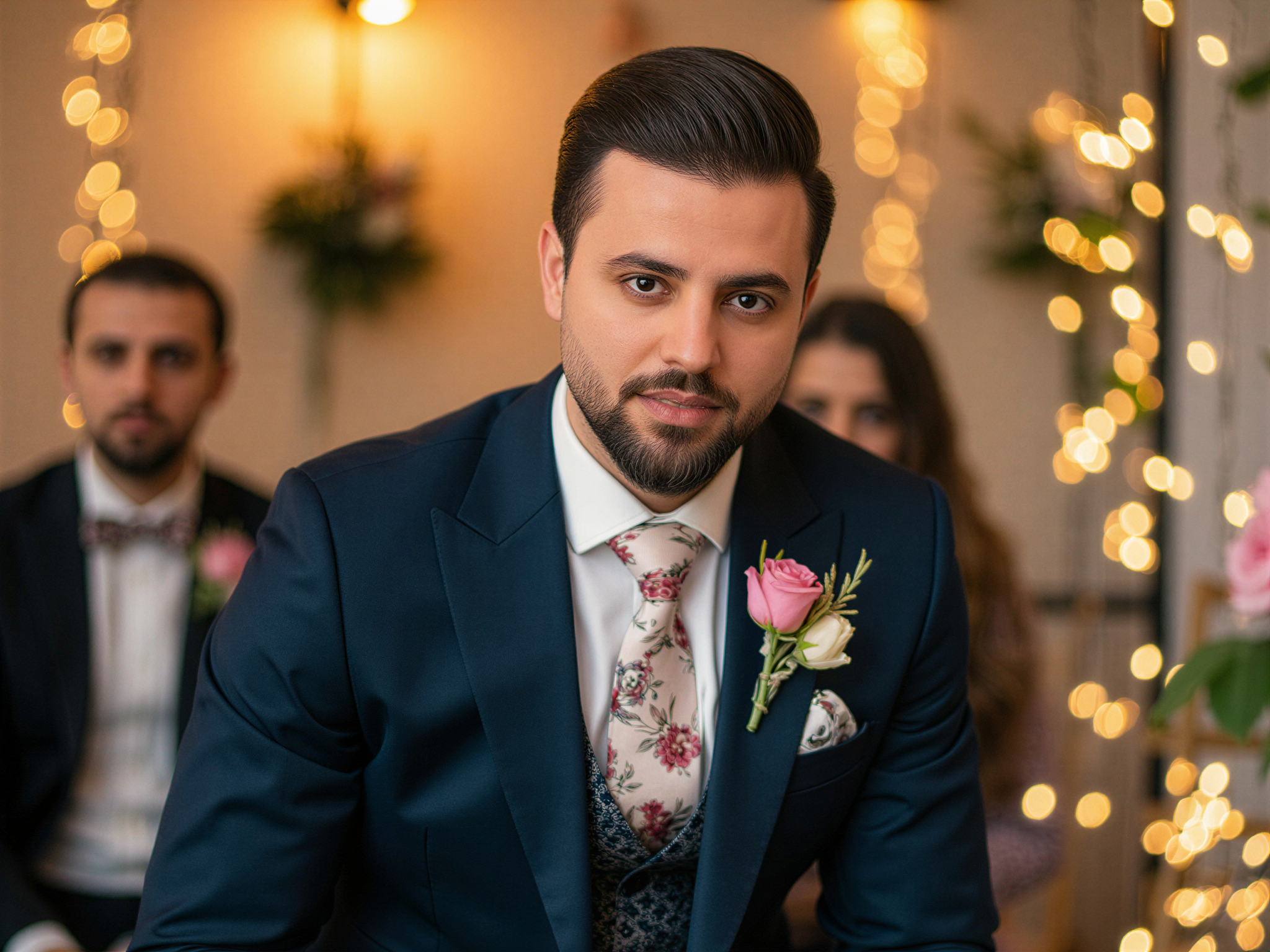 A joyful male figure, OD62S, aged 32, is depicted during a ceremonial moment, exuding happiness and celebration. He wears a tailored navy suit with patterned lapels, complemented by a crisp white shirt and a floral tie evoking the vibrancy of spring. The background features an elegantly decorated venue, adorned with soft fairy lights and pastel florals, capturing the essence of a joyous occasion. His infectious smile and relaxed posture reflect the cheerful mood, creating a warm and inviting atmosphere. The composition employs soft, ambient lighting that enhances the celebratory spirit, making the image feel both intimate and grand.