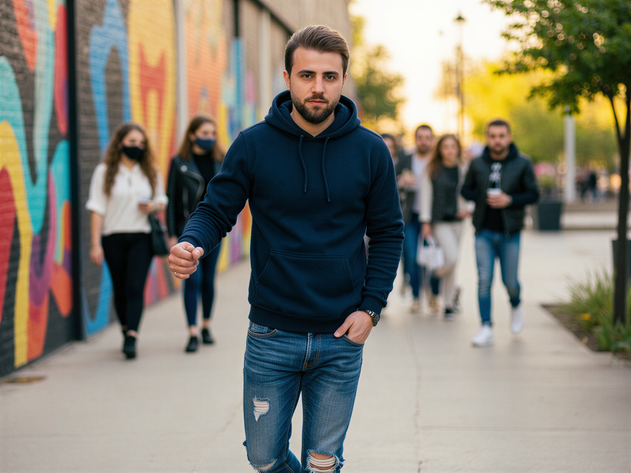A joyful male college student, OD62S, aged 32, posed casually on a vibrant university campus. He is wearing a fitted navy blue hoodie paired with distressed denim jeans and stylish sneakers. His relaxed demeanor is accentuated by a wide, sincere smile, and his tousled hair catches the sunlight. The scene bursts with energy, featuring colorful murals in the background and students walking by, encapsulating the lively, carefree spirit of college life. Natural daylight enhances the warm, cheerful mood of the photograph, evoking a sense of friendship and youthful adventure.
