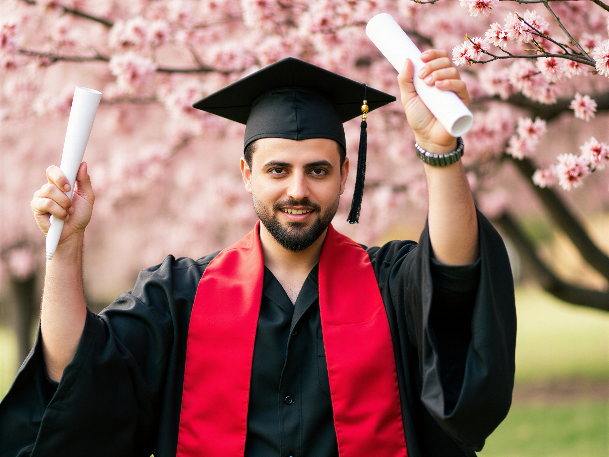 A joyful male graduate, OD62S, aged 32, is captured in an exuberant outdoor portrait celebrating his graduation. He wears a classic black cap and gown with a vibrant red stole draped around his neck, symbolizing achievement. Standing beneath a blossoming cherry tree in full bloom, his wide smile radiates happiness and accomplishment. The scene is filled with soft, natural light filtering through the leaves, creating a warm and inviting atmosphere. He holds his diploma triumphantly in one hand while the other is raised in a celebratory gesture, embodying a moment of joy and pride in his academic journey.