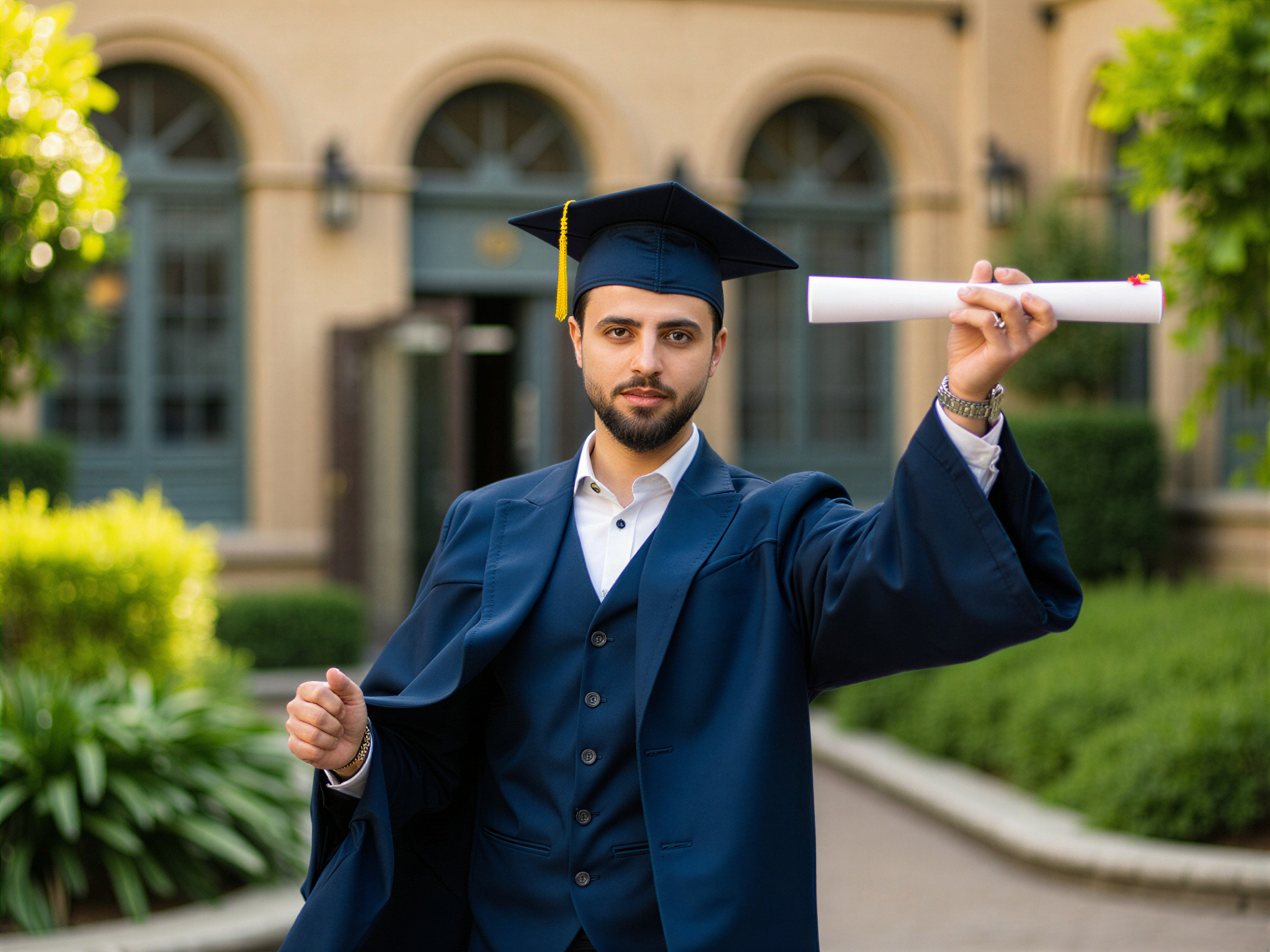 A joyful male graduate, OD62S, aged 32, stands proudly in a lush university courtyard, adorned in a tailored navy blue graduation gown and a traditional mortarboard. His face beams with a radiant smile, embodying the happiness of achievement as he holds a rolled-up diploma in one hand and raises the other in celebration. The soft afternoon lighting creates a warm glow that highlights the emerald greenery around him, while the vintage architecture in the background supports the atmosphere of scholarly triumph. His posture exudes confidence and joy, perfectly capturing the essence of graduation day.