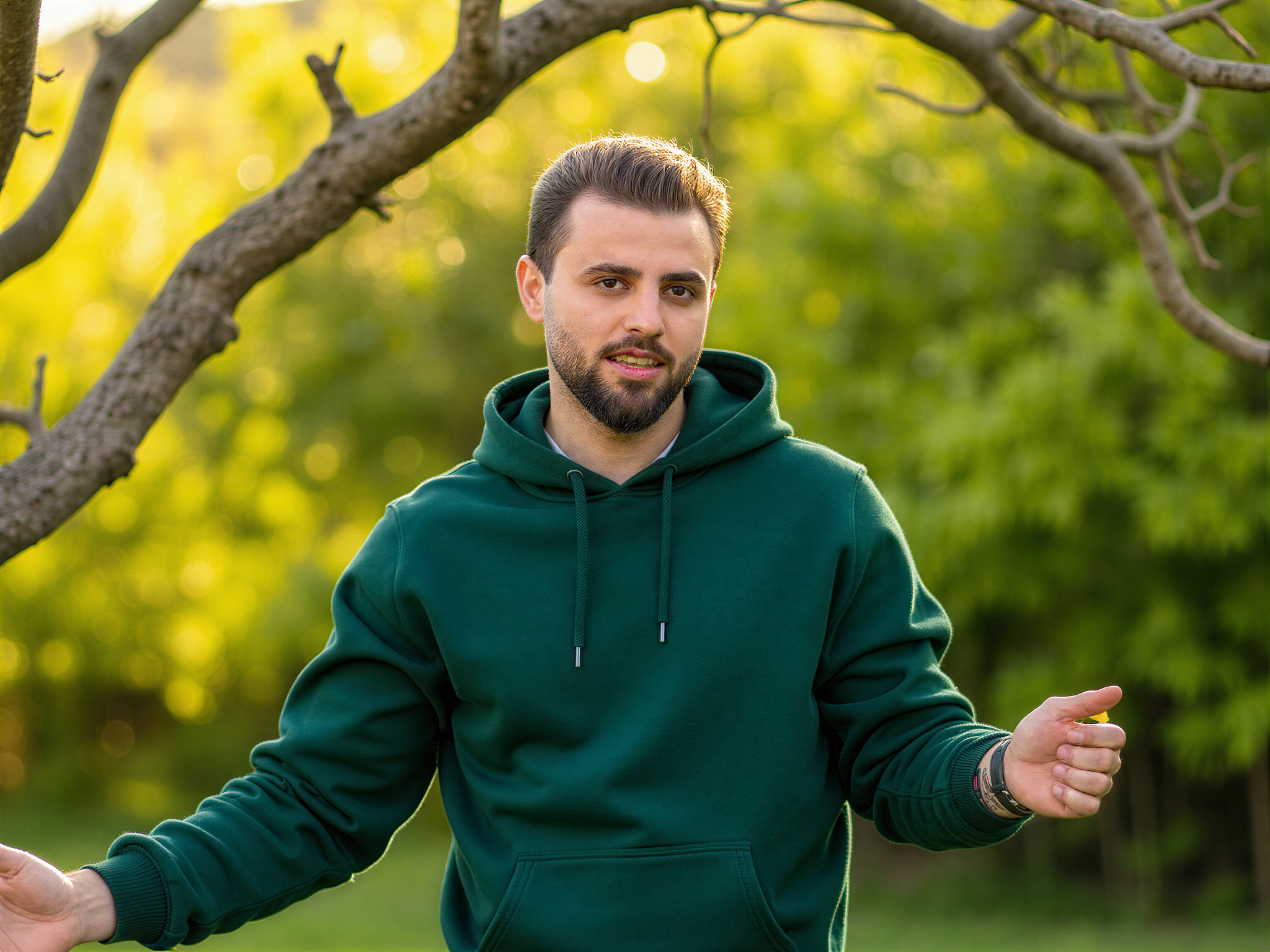A joyful male figure, OD62S, aged 32, wearing a cozy hooded sweatshirt in a vibrant forest green shade. He stands outdoors, surrounded by lush greenery that reflects a sense of peace. The soft morning light highlights his infectious smile, casting a warm glow on his face. His relaxed posture, with arms slightly outstretched as if embracing the world, exudes an air of happiness and contentment. The composition plays with natural framing created by overhanging branches, enhancing the harmonious vibe of the scene.