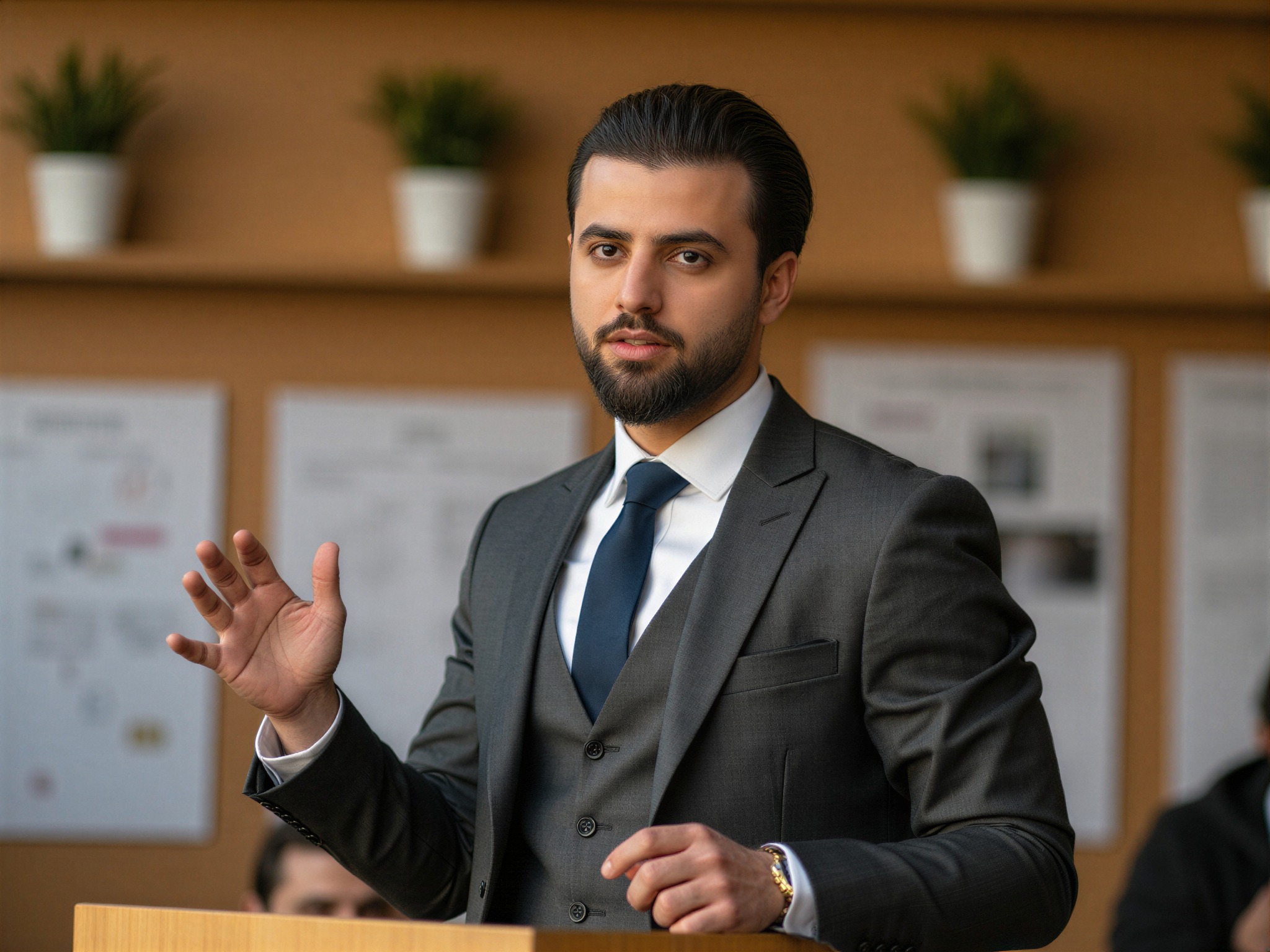 A 32-year-old male, OD62S, confidently standing at a podium during a thesis defense. Dressed in a tailored charcoal gray suit with a crisp white shirt and a deep navy tie, he exudes a sense of accomplishment and pride. His warm smile radiates happiness as he gestures passionately while presenting his ideas, framed by a backdrop of academic accolades and research posters. Soft, natural lighting illuminates the scene, emphasizing his expressive features and the energetic mood of the moment, creating a candid yet polished academic portrait.