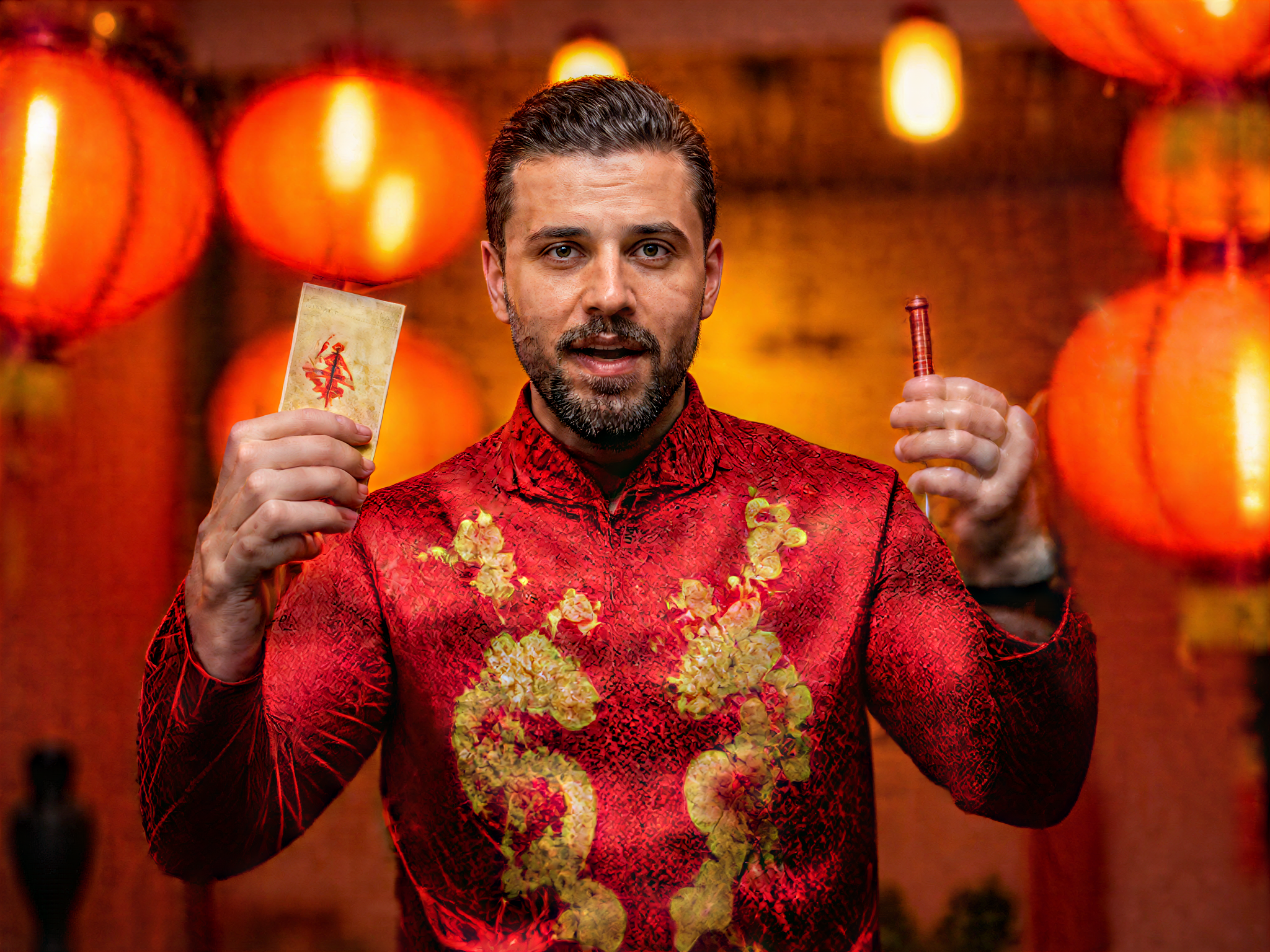 A male figure, OD62S, aged 32, exuding joyful energy in celebration of Chinese New Year. He wears a striking, intricately embroidered red silk tang suit adorned with golden dragon motifs, symbolizing prosperity. The scene is framed by vibrant red lanterns and floating gold confetti, creating an atmosphere of festivity. His wide smile and sparkling eyes capture the essence of happiness, as he holds a traditional red envelope in one hand and a firecracker in the other. The dynamic composition and warm, ambient lighting add to the celebratory mood, making it a lively and authentic representation of the cultural festivities.
