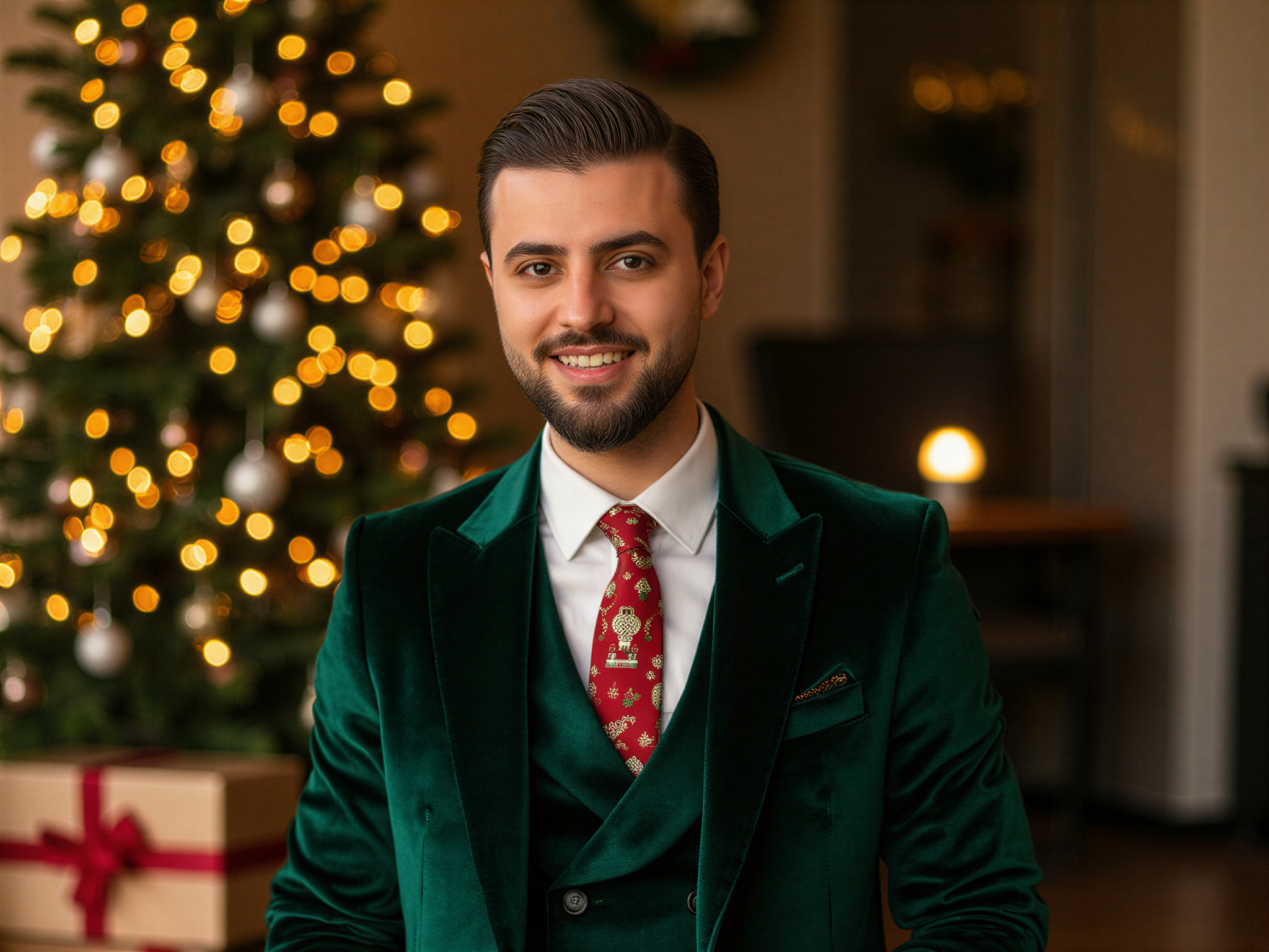 A joyful male individual, OD62S, aged 32, embodying the festive spirit of Christmas. Dressed in a tailored, deep emerald green velvet blazer over a crisp white shirt with a holiday-themed tie, he stands in front of a beautifully decorated Christmas tree adorned with sparkling ornaments and twinkling lights. The setting is warmly lit, creating a cozy atmosphere, with wrapped presents scattered around his feet. His expression radiates happiness, with a bright smile and twinkling eyes, capturing the essence of joyful holiday celebrations. The composition balances Christmas charm with high-fashion aesthetics, perfect for a seasonal editorial. ,filename:joyful-male-individual-age-32-celebrating-christmas-in-high-fashion-style.png}
