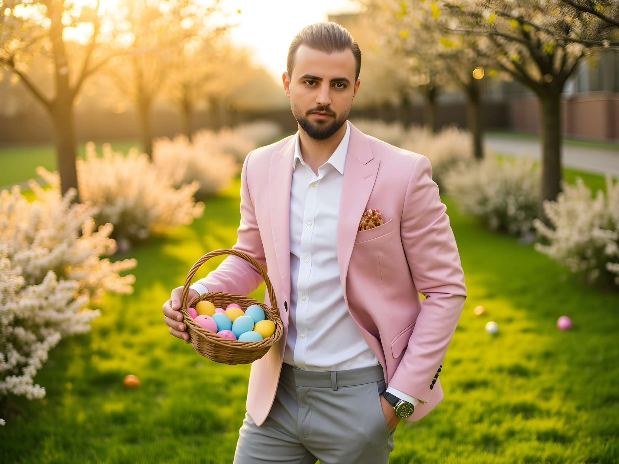 A stylish male model, OD62S, aged 32, embodies the joyful spirit of Easter in a vibrant spring setting. Dressed in a pastel pink linen blazer over a crisp white shirt, paired with light grey trousers, he stands in a sun-drenched garden filled with blooming flowers and colorful Easter eggs scattered across lush green grass. His expression radiates happiness and warmth, a broad smile illuminating his face as he holds a basket filled with eggs. The composition captures the essence of celebration and freshness, with soft, golden hour lighting creating a dreamy atmosphere for a fashion editorial shoot.