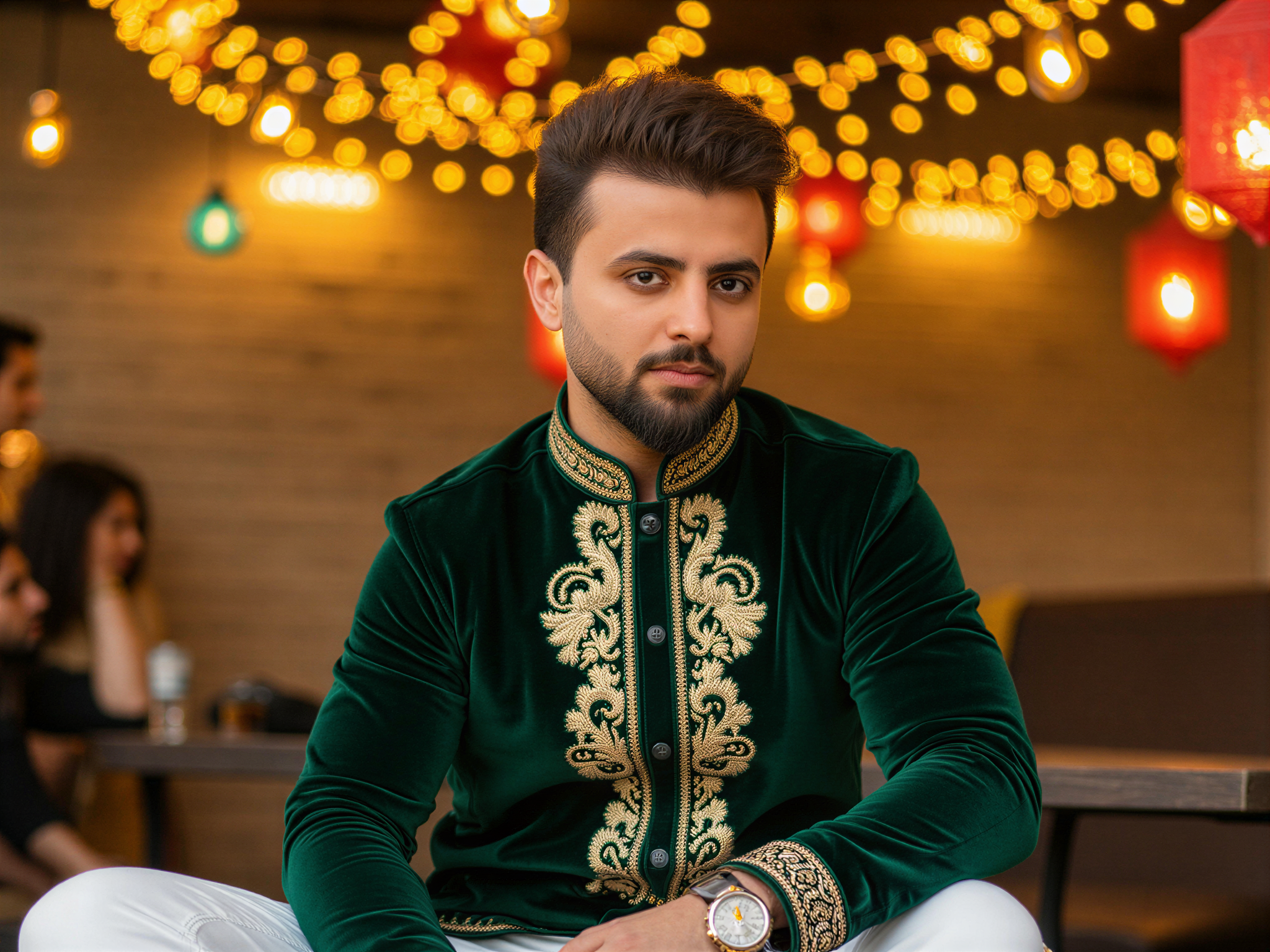 A 32-year-old male, OD62S, celebrating Eid with a bright and joyful demeanor. He wears an elegant, traditional kurta in rich emerald green, intricately embroidered with gold thread, paired with tailored white trousers. His warm smile and twinkling eyes reflect the happiness of the occasion. The setting features festive decorations with twinkling fairy lights and colorful lanterns in the background, creating a vibrant atmosphere that encapsulates the spirit of celebration. The lighting is soft and warm, enhancing the joyful mood of the festive gathering, capturing a moment of cultural richness and personal happiness.