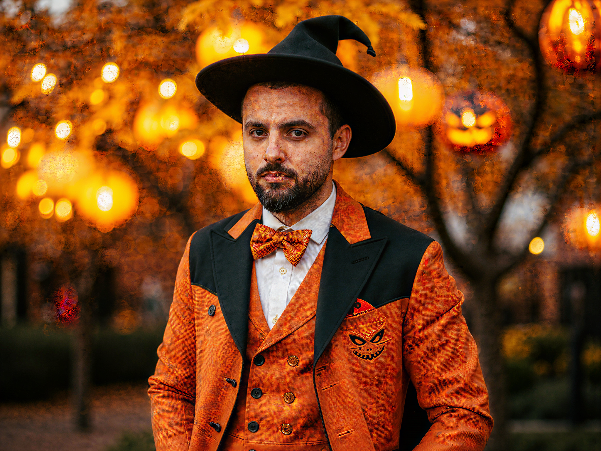 A 32-year-old male, OD62S, dressed in a whimsical Halloween costume, embodying playful charm. He wears a tailored, vintage-inspired pumpkin jack-o'-lantern suit, complete with a high-collared cape and a hat adorned with curlicue ribbons. His face is painted with cheerful makeup, featuring a friendly smile and playful glittering accents. He stands in a vibrant Halloween setting, surrounded by colorful autumn leaves and glowing lanterns, capturing a joyous, festive atmosphere. The lighting is warm and inviting, creating a fun and happy mood, perfect for the Halloween spirit.