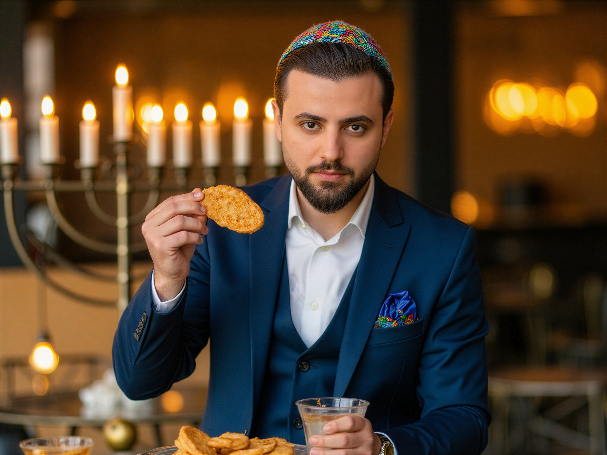 A joyful male figure, OD62S, aged 32, celebrating Hanukkah in a warm and festive setting. He is dressed in a tailored blue blazer over a white shirt, complemented by a colorful knit kippah. The background features a beautifully decorated menorah glowing with candlelight, and festive decorations such as dreidels and golden stars. His expression is bright, radiating happiness and celebration as he raises a freshly made latke with a smile. The lighting is soft and inviting, enhancing the festive atmosphere and capturing the essence of joy during this cultural celebration.