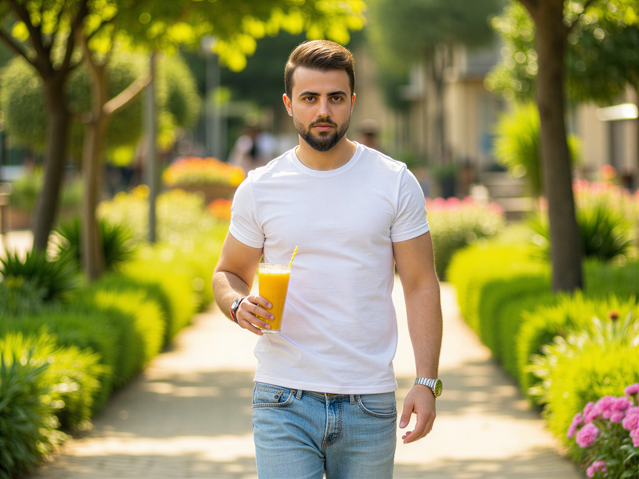 A 32-year-old male influencer, OD62S, is captured in an inviting, cheerful moment perfect for Instagram. He stands outdoors in a sunlit park, wearing a casual yet stylish outfit: a fitted white t-shirt and light blue denim shorts, accessorized with trendy sneakers and a minimalistic watch. His smile is genuine, showcasing his happiness, while he holds a vibrant smoothie in one hand. The background features lush greenery and colorful flowers, creating a lively atmosphere that radiates positivity and warmth. Soft natural lighting enhances the vibrancy of the scene, emphasizing the joyful essence of a carefree summer day.