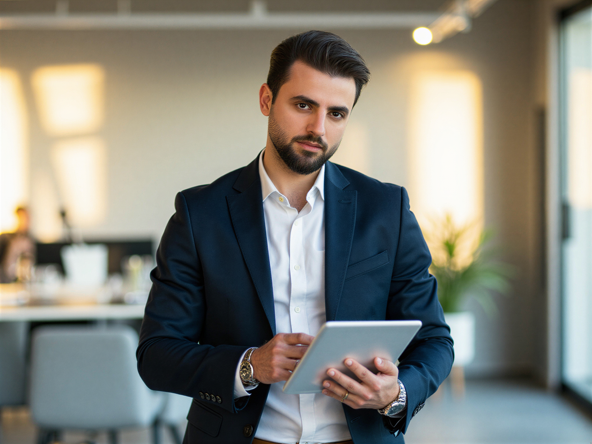 A 32-year-old male professional, OD62S, exuding charisma in a modern office space, embodying the essence of confidence and approachability. He wears a tailored navy blazer over a crisp white shirt, paired with smart chinos. His hair is neatly styled, and his bright, engaging smile radiates warmth, as he holds a tablet showcasing his LinkedIn profile. The background features a chic, minimalist work environment with soft natural light streaming in, casting a gentle glow that enhances the happy mood of the scene. The composition captures his success and ambition, inviting viewers to connect with his professional persona.