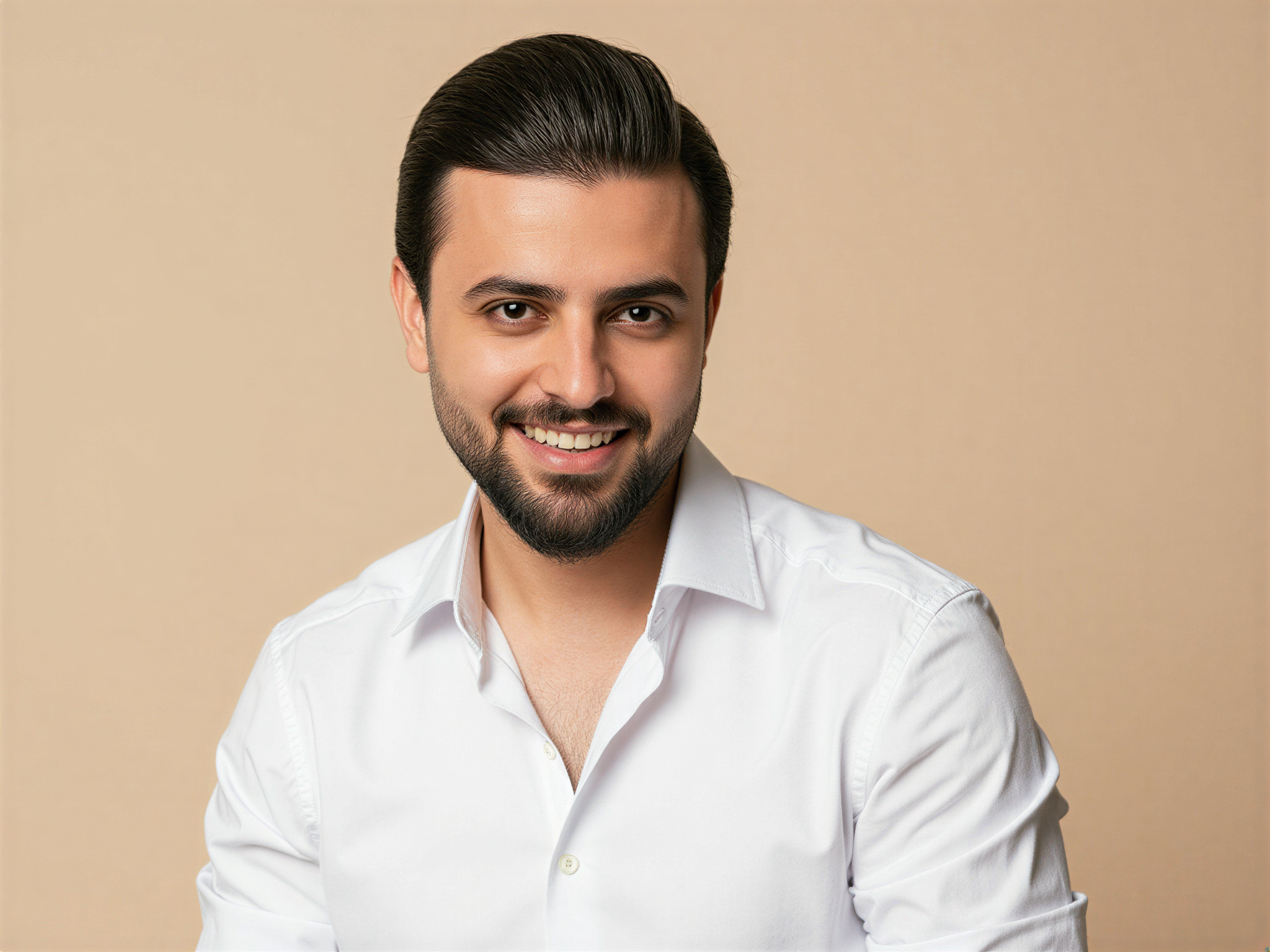 A male individual, OD62S, aged 32, captured in a passport photo that exudes joy and positivity. He is dressed in a smart casual white button-down shirt, with the collar slightly open. His hair is neatly styled, framing a radiant smile that lights up his face. The background is a soft, neutral tone that enhances the brightness of his expression. The composition follows standard passport photo guidelines but captures a genuine and warm demeanor, showcasing a blend of professionalism and happiness while maintaining clarity and focus in the lighting.