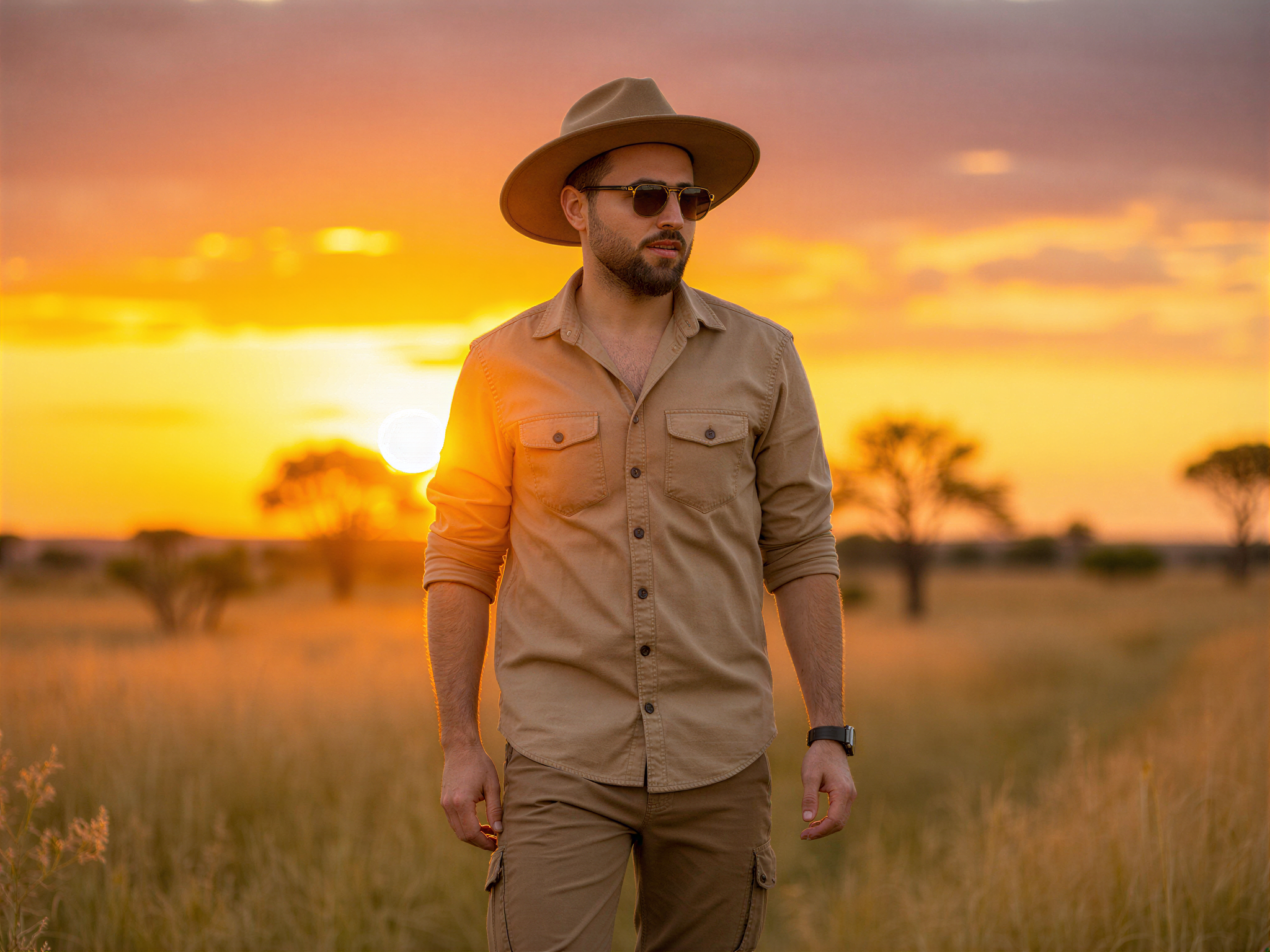 A 32-year-old male, OD62S, exuding a joyful aura as he embarks on a safari adventure. Clad in a stylish, light khaki short-sleeved shirt with rolled sleeves, paired with rugged cargo shorts, he stands confidently in front of a breathtaking African savanna. The golden grass sways gently in the breeze while a vibrant sunset paints the sky in hues of orange and purple behind him. He wears a wide-brimmed hat and aviator sunglasses that reflect the landscape, showing his gleeful smile as he looks away towards the horizon, embodying the spirit of exploration and happiness. The composition captures the essence of adventure and the thrill of the wild, creating a captivating narrative image.