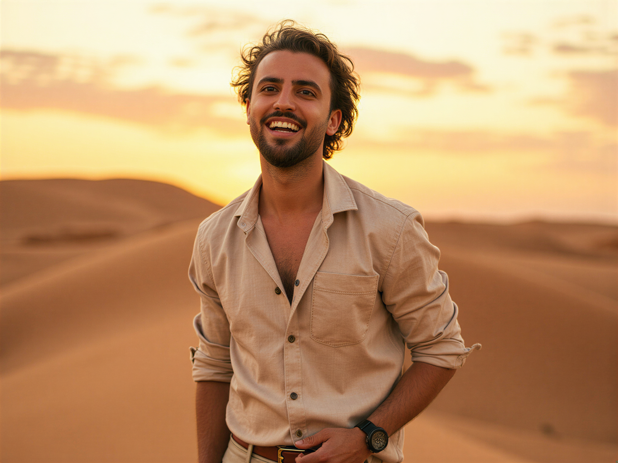 A joyful male individual, OD62S, aged 32, basking in the golden hues of a desert landscape during golden hour. He wears a lightweight, stylish linen shirt in a warm desert sand color, paired with tailored shorts. His hair is tousled by a gentle breeze, and his laughter is infectious, capturing the essence of carefree adventure. The setting displays rolling dunes and a vibrant sky painted with soft pastels, enhancing the overall happy mood of the image. The composition uses natural light to emphasize his radiant smile and the tranquil beauty of the desert.