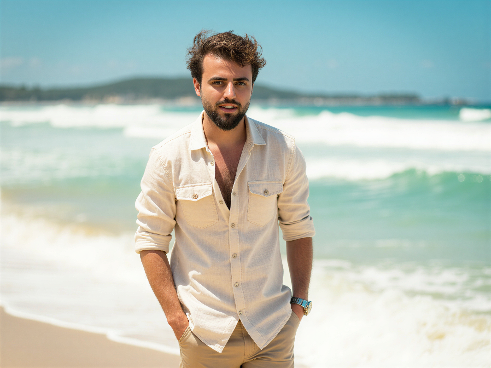 A joyful male figure, OD62S, aged 32, evoking a carefree spirit reminiscent of classic summer vibes. He is captured mid-laugh, dressed in a light, breathable linen shirt and tailored shorts, embodying relaxed elegance. The setting is a sun-soaked beach, where the waves gently lap at the shore behind him. His tousled hair dances in the coastal breeze, and he's playfully squinting against the dazzling sunlight. The image captures a vibrant, cheerful mood, with bright colors and soft focus enhancing the warmth of a perfect day.