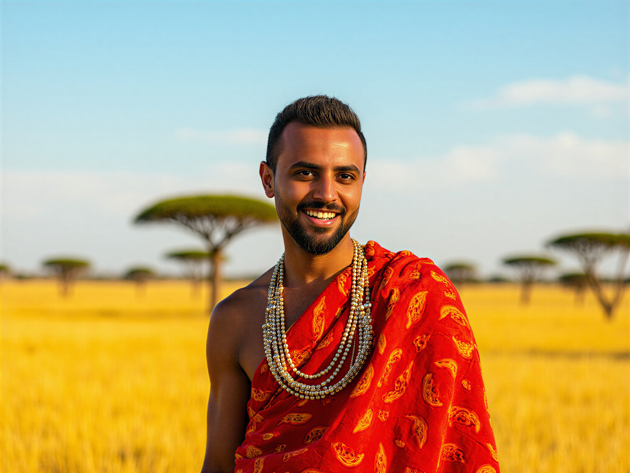 A 32-year-old male, OD62S, exuding joy as he stands amidst the breathtaking landscape of the Maasai Mara. Dressed in vibrant traditional Maasai attire, including a red shuka adorned with intricate patterns, he smiles broadly, showcasing a radiant, infectious happiness. The golden grasslands stretch behind him, dotted with acacia trees under a bright blue sky. The warm sunlight creates a golden glow on his skin, emphasizing his cultural heritage and vibrant personality. The composition captures the essence of celebration and connection to nature, evoking a sense of peace and happiness in this stunning setting.